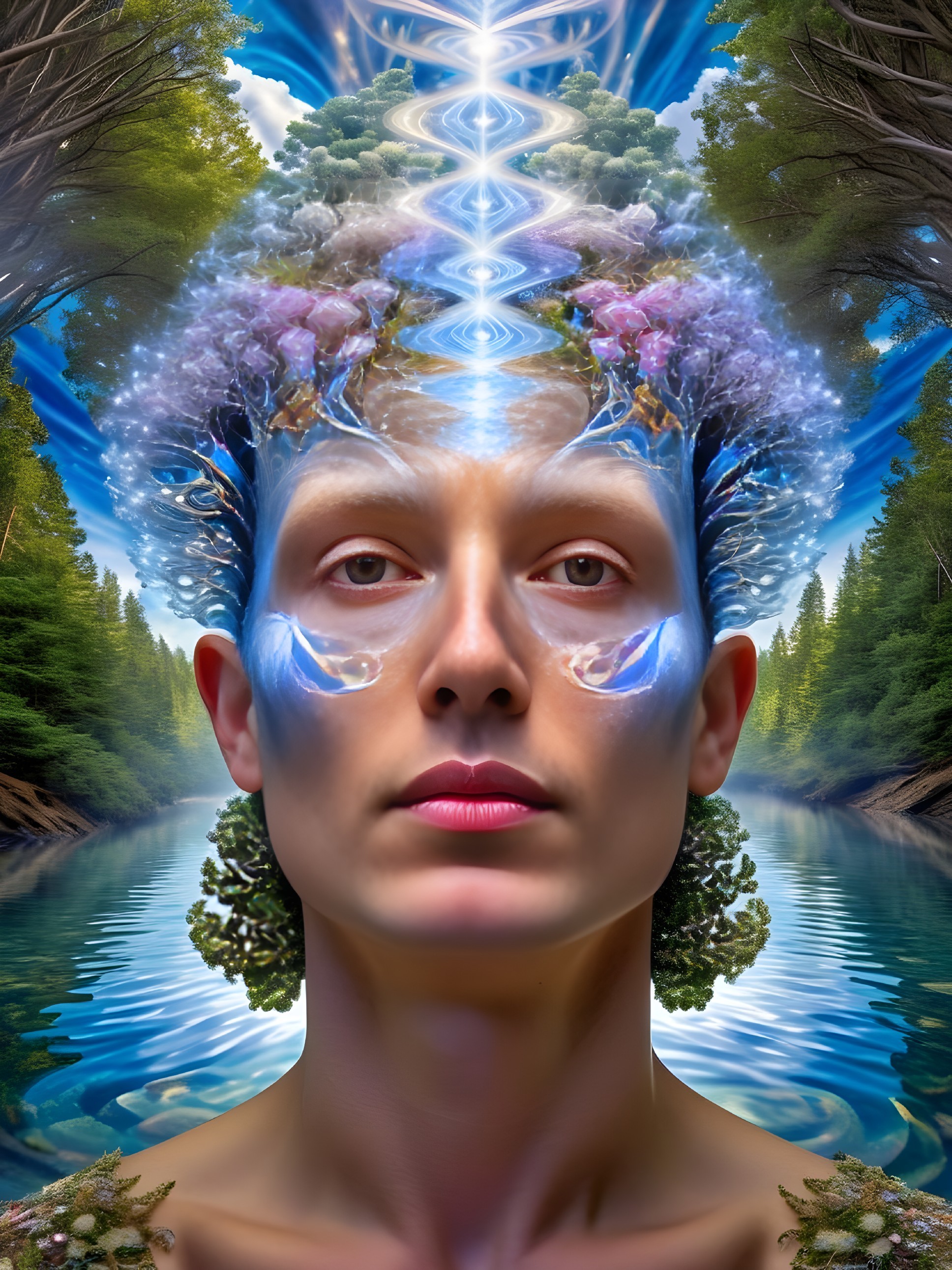 Surreal Landscape with Serene Figure and Nature Elements