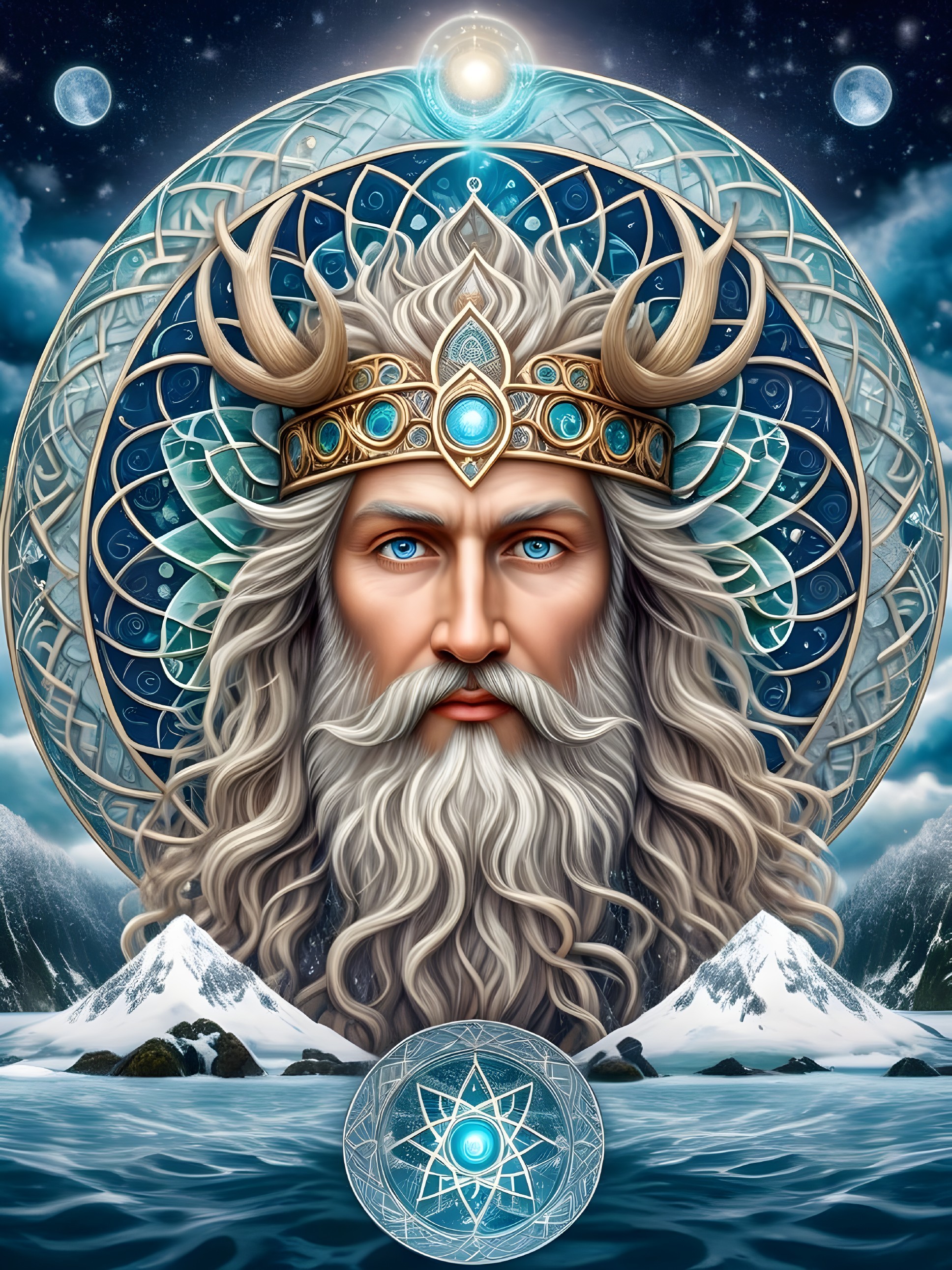 Majestic Bearded Figure in Celestial Background