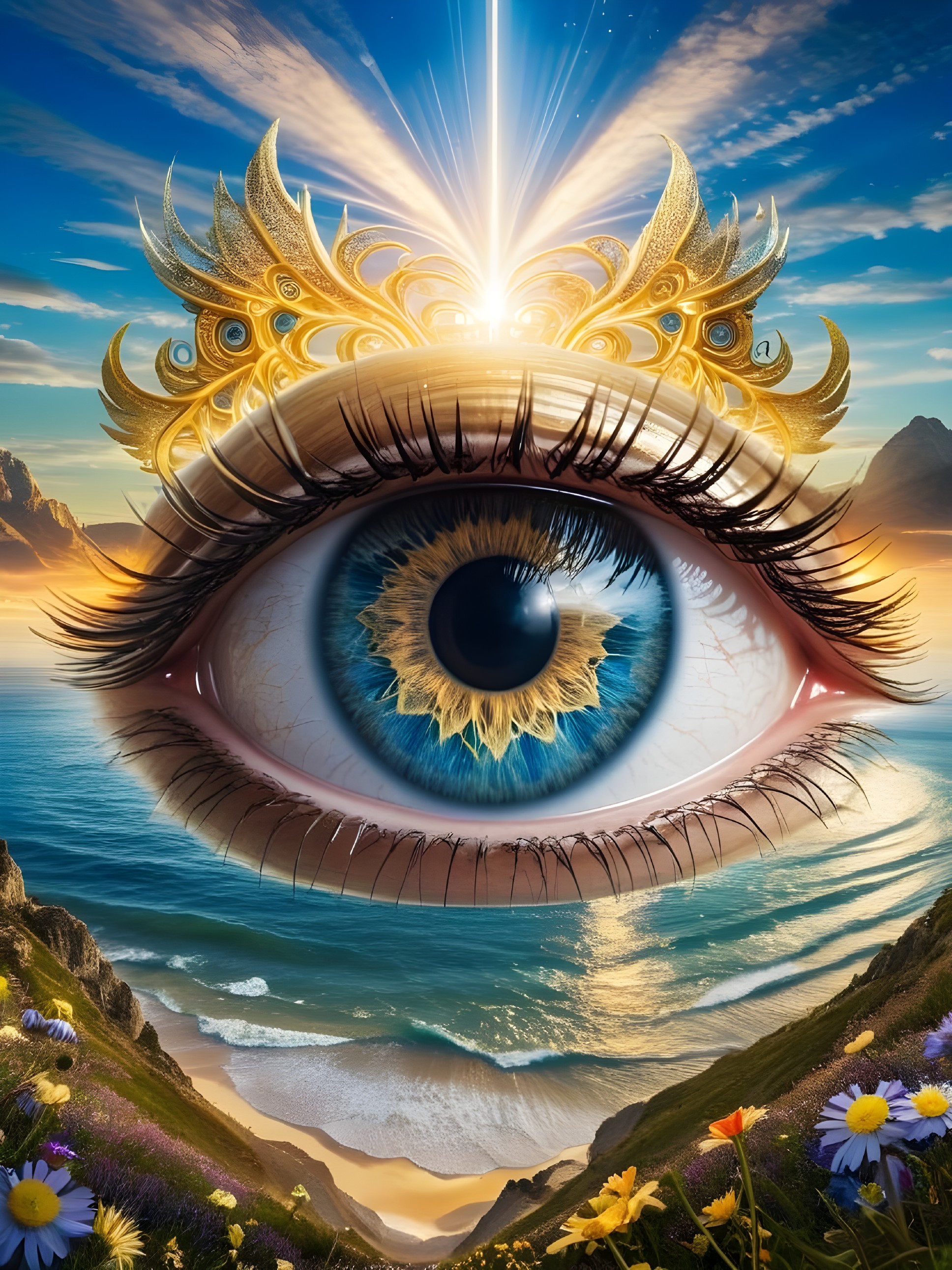 Surreal Landscape with Colossal Eye and Vibrant Colors