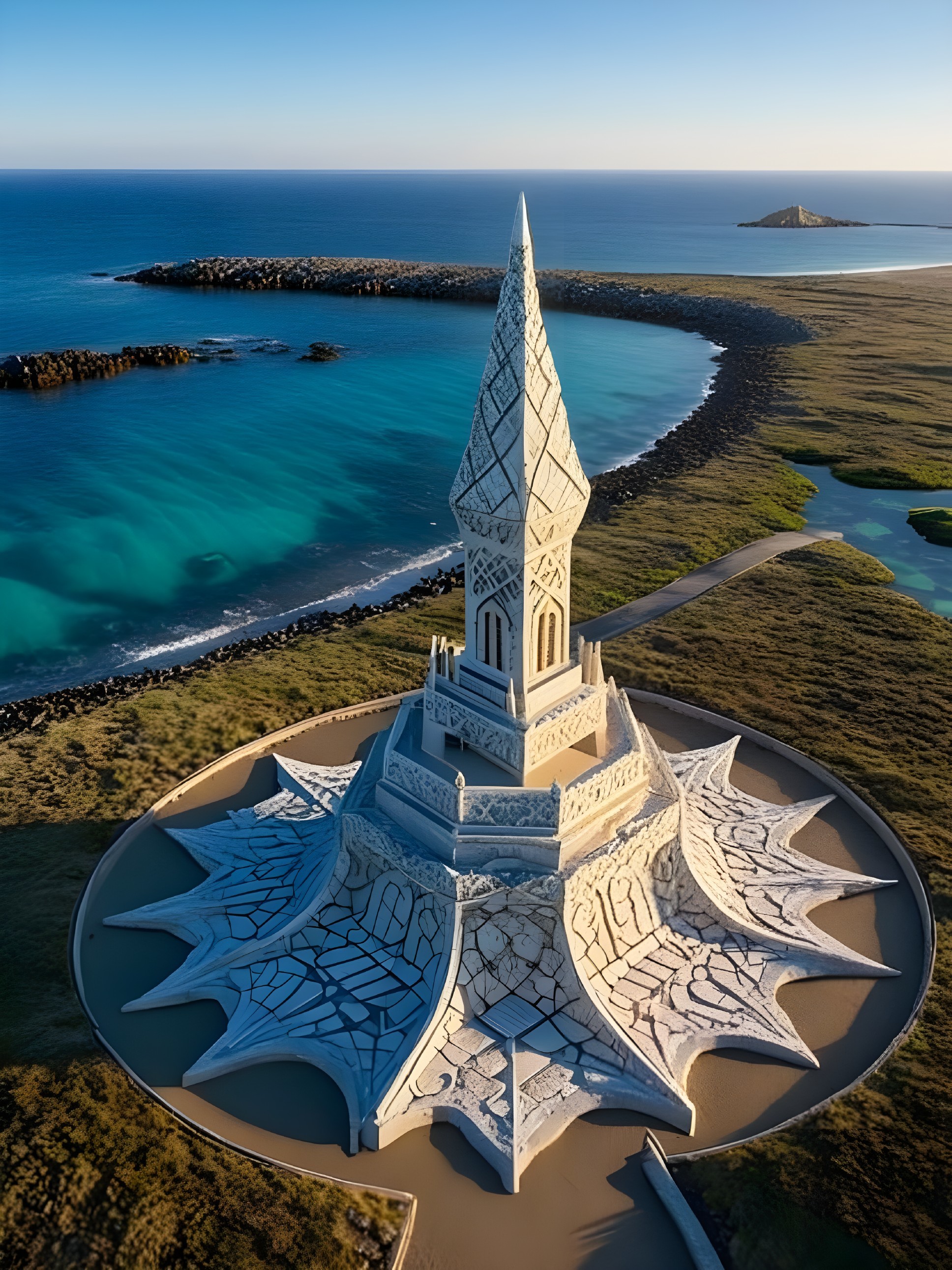 Majestic Sand Sculpture Against Blue Ocean Backdrop