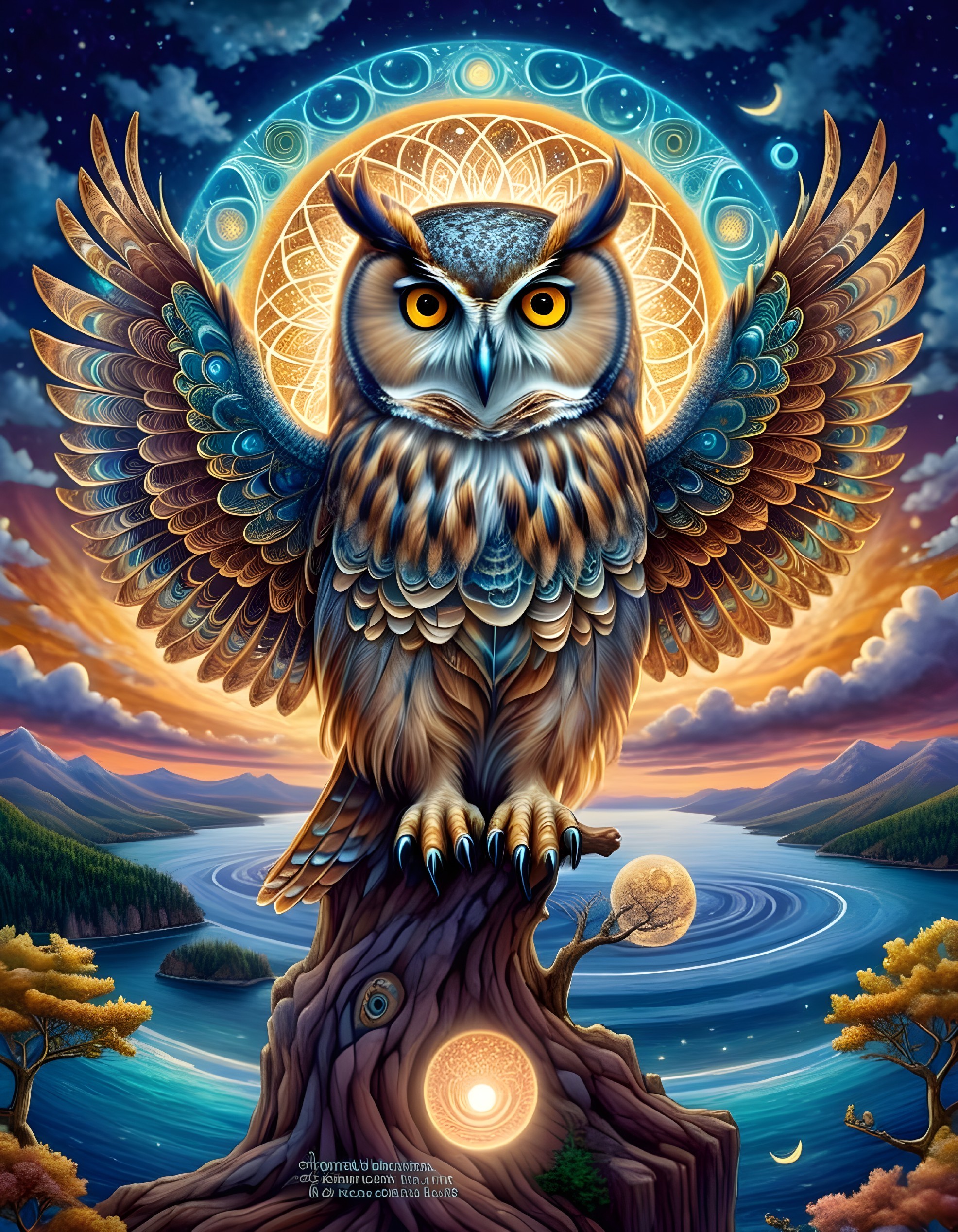 Majestic owl with intricate feathers in serene landscape