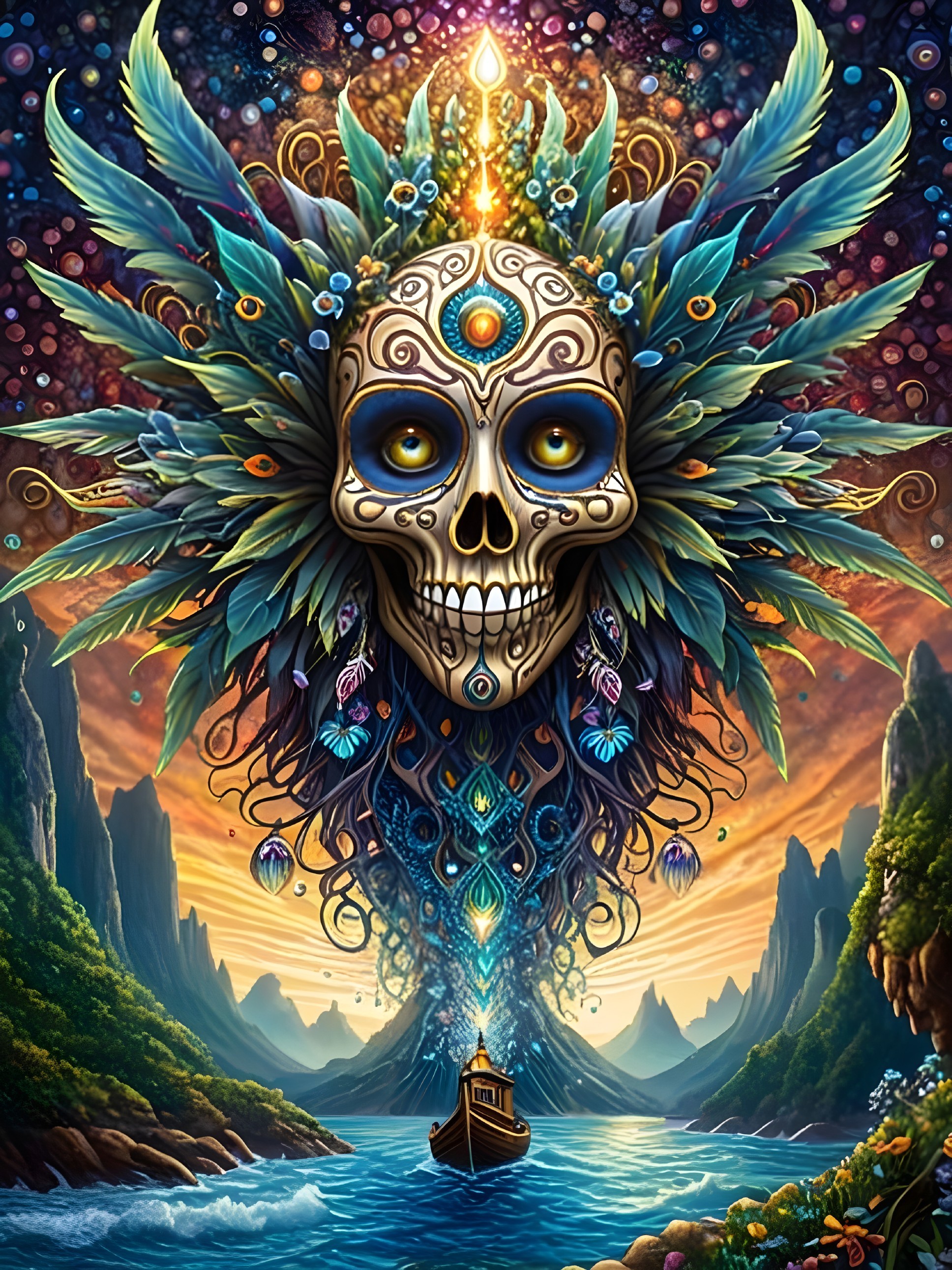 Surreal Scene with Ornate Skull and Twilight Landscape