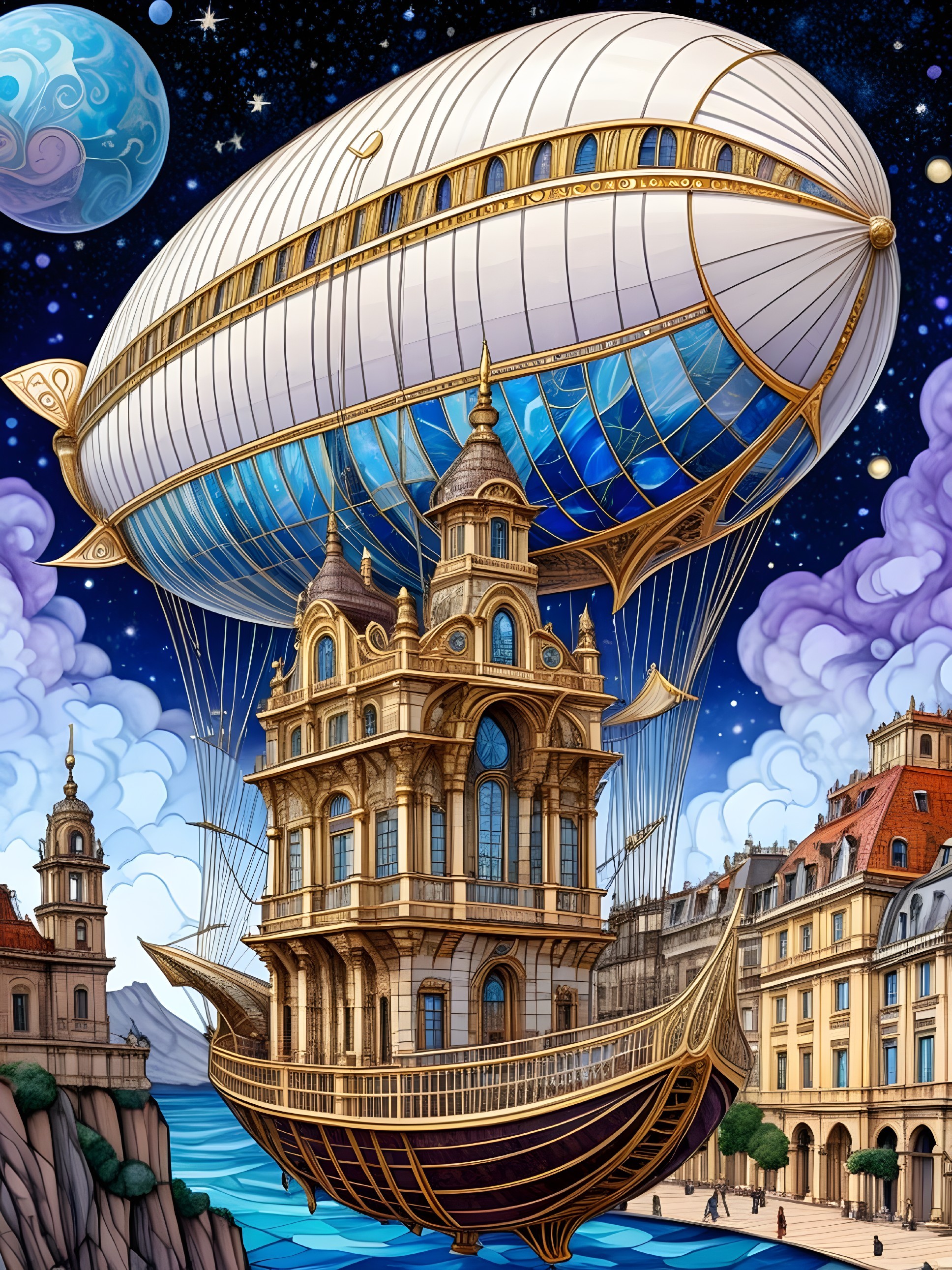 Steampunk Airship Over Neo-Classical City at Night