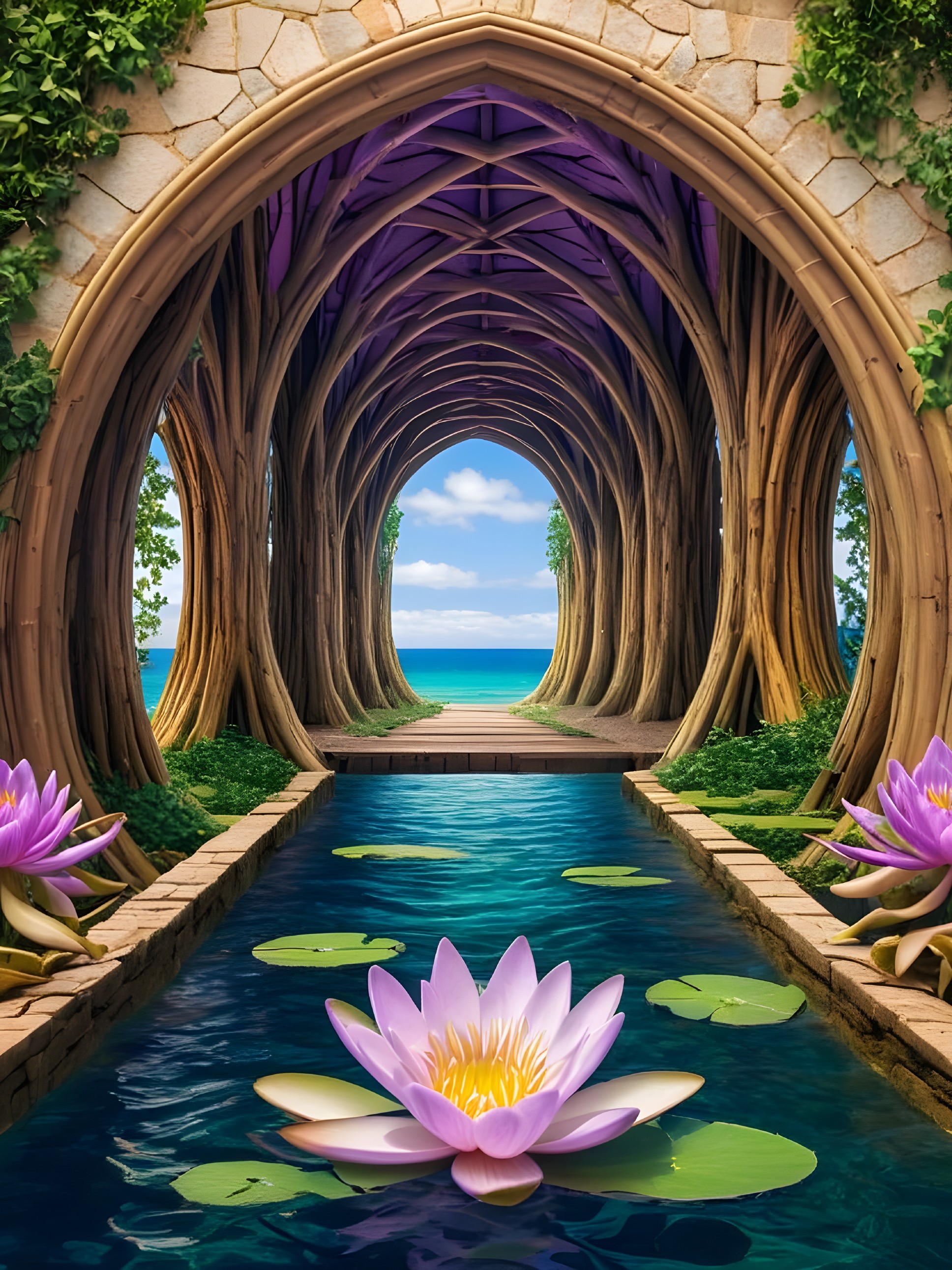 Grand Archway of Trees Leading to Calm Water Scene