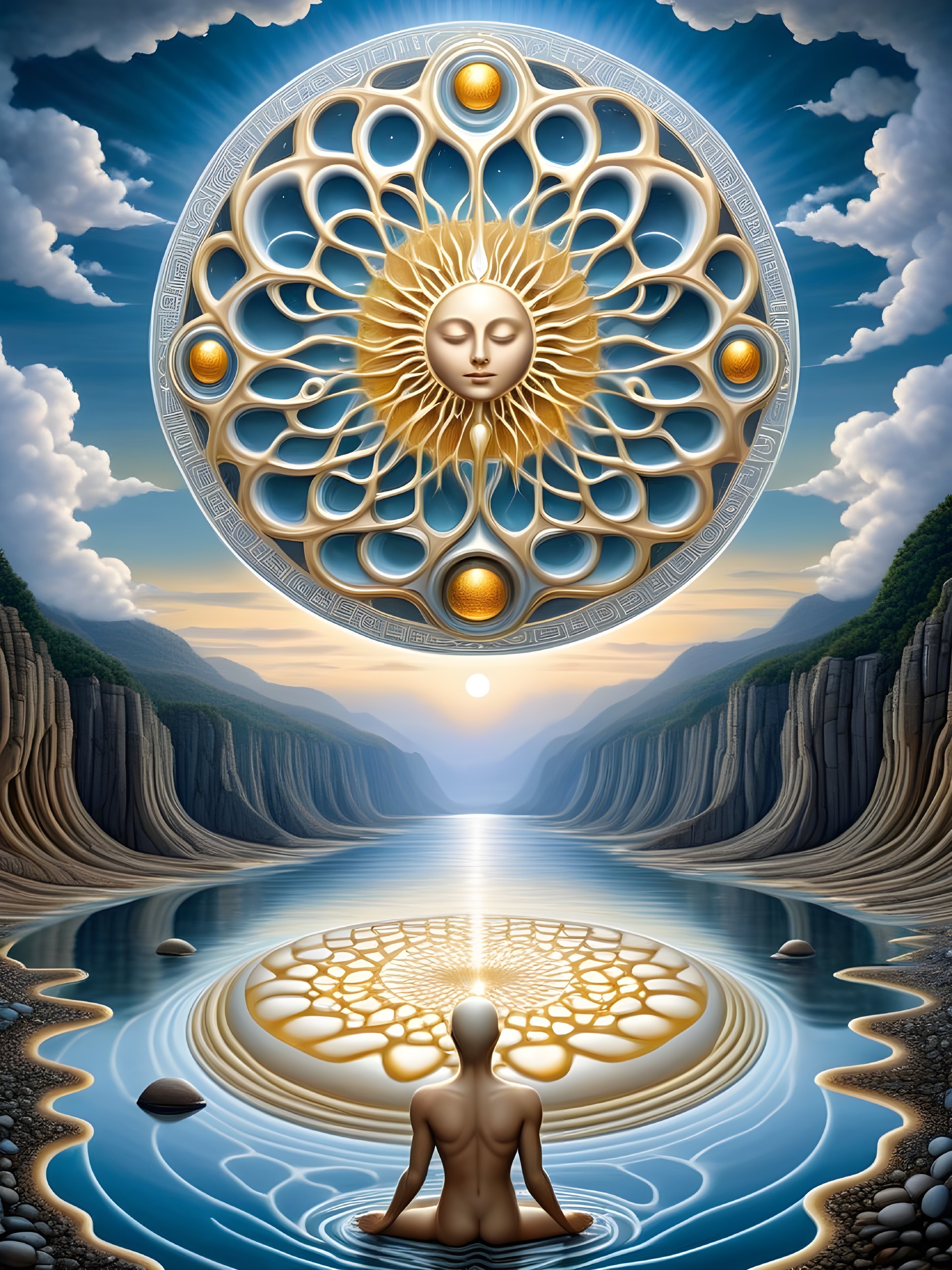 Meditative Figure by Reflective Water in Serene Landscape