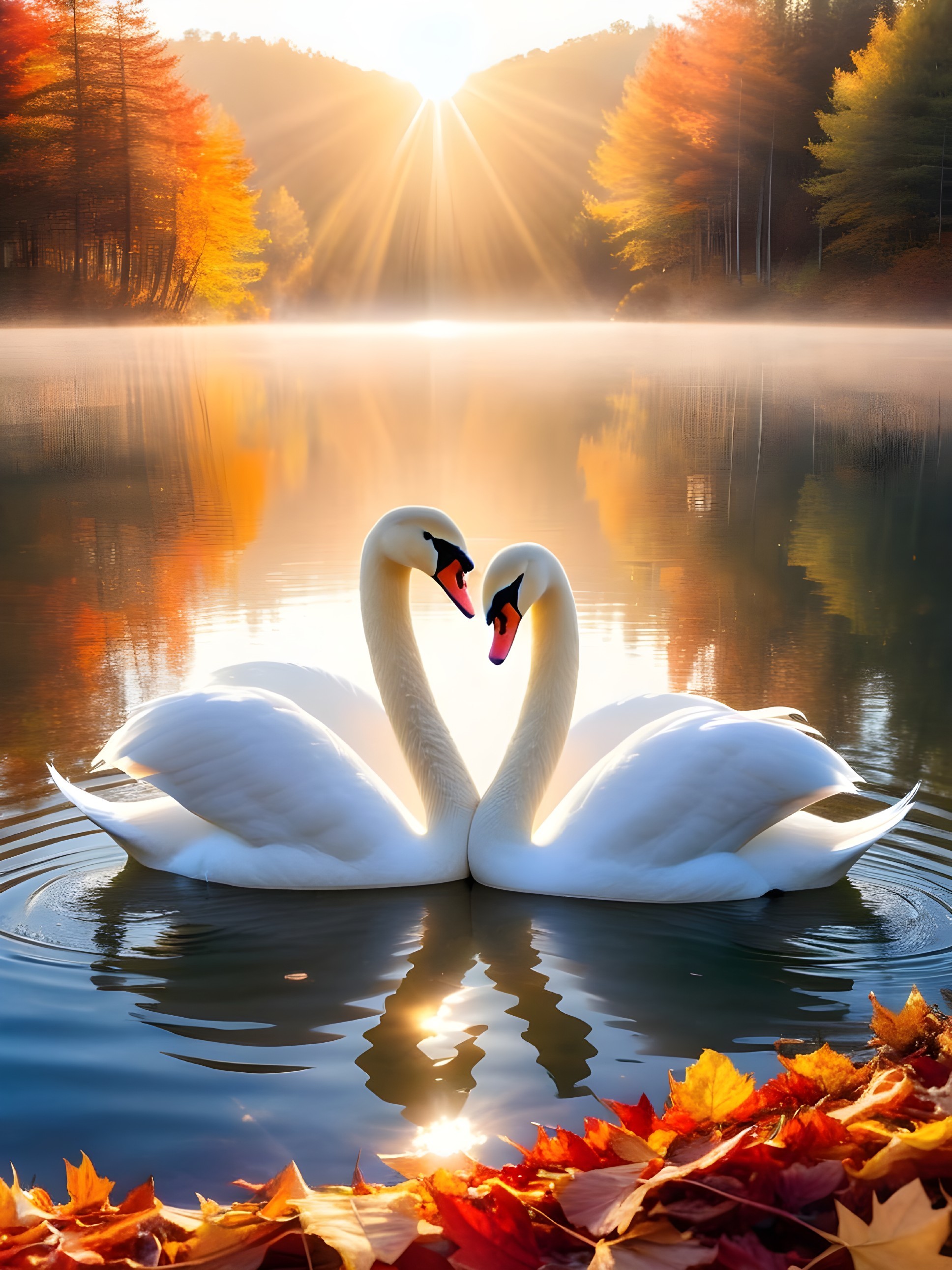 Elegant Swans on Serene Lake with Autumn Foliage
