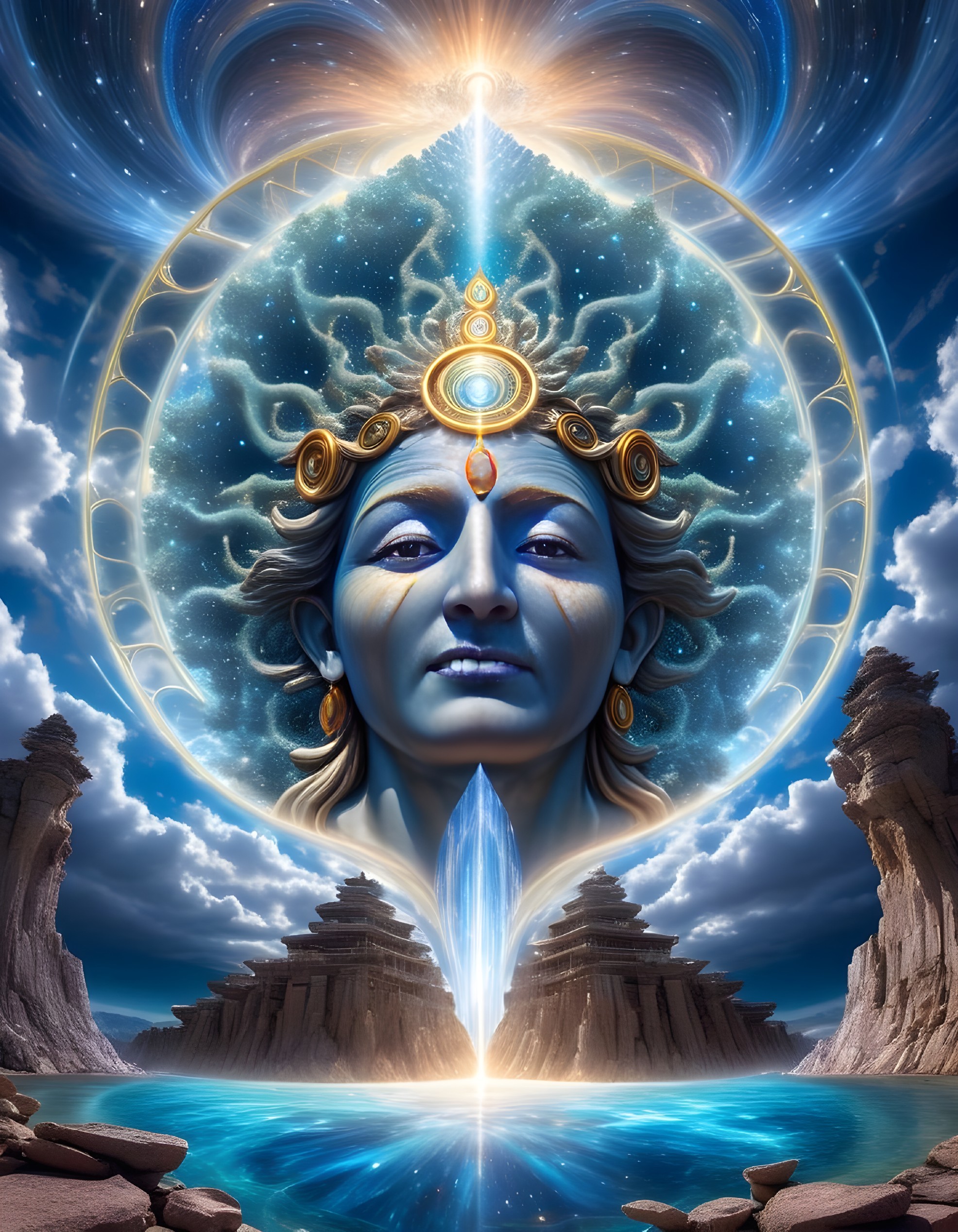 Mystical Figure Surrounded by Cosmic Patterns and Light