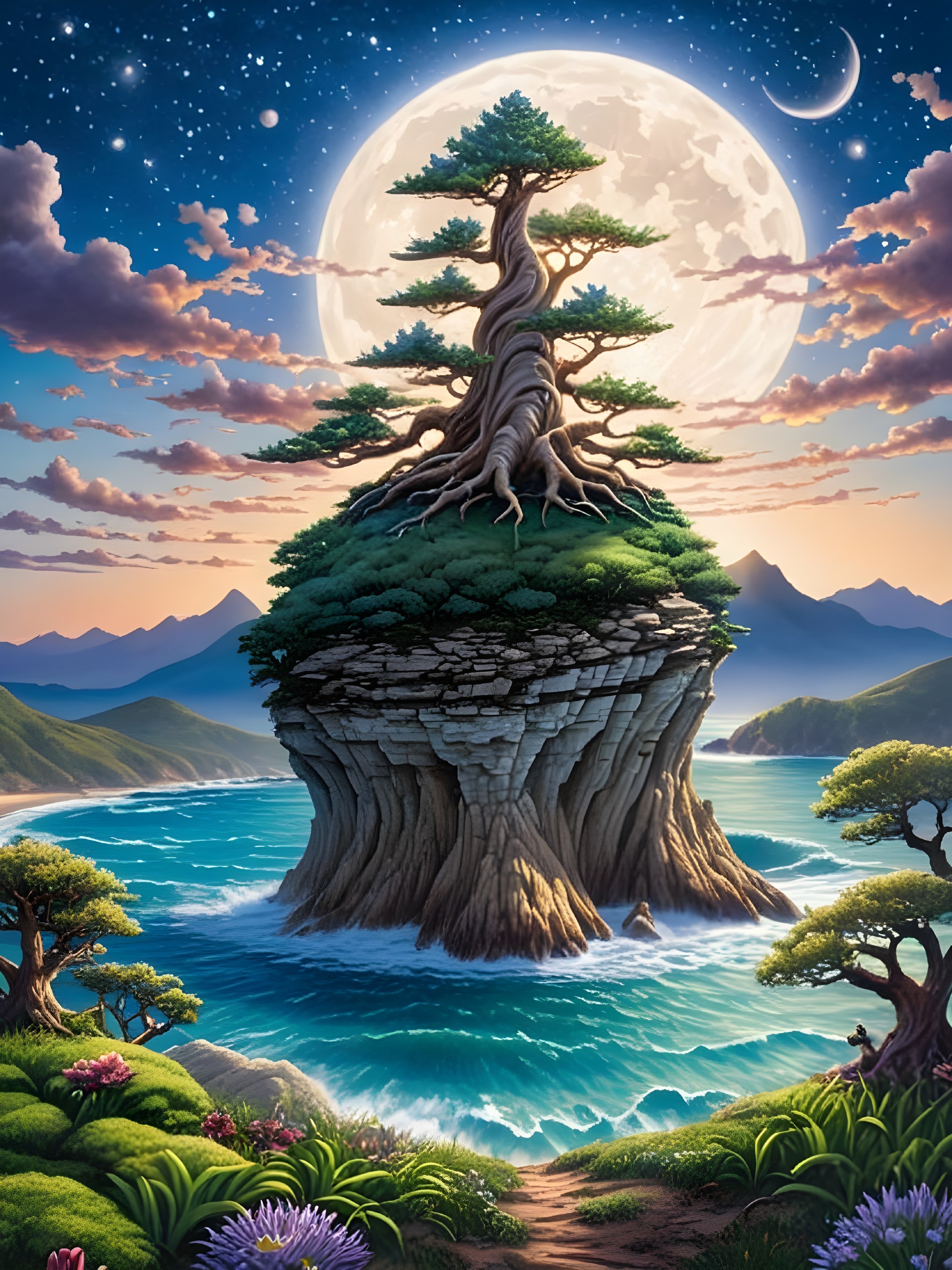 Serene Island Landscape with Twisted Tree and Moon