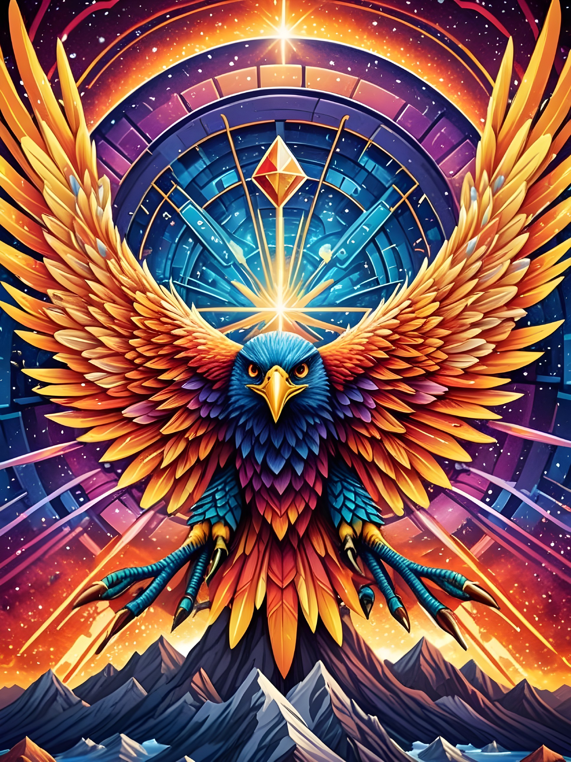 Vibrant Phoenix with Cosmic Backdrop and Patterns