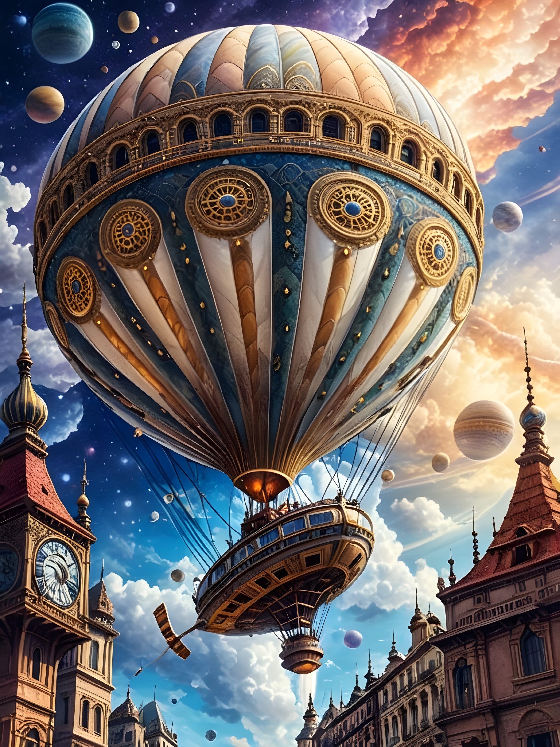 Steampunk Hot Air Balloon Over Fantastical Cityscape