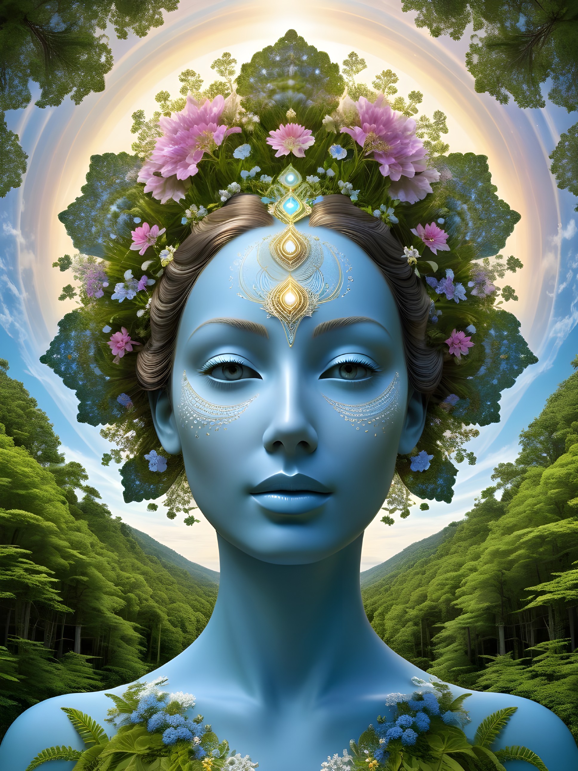 Serene figure with blue complexion and floral adornments