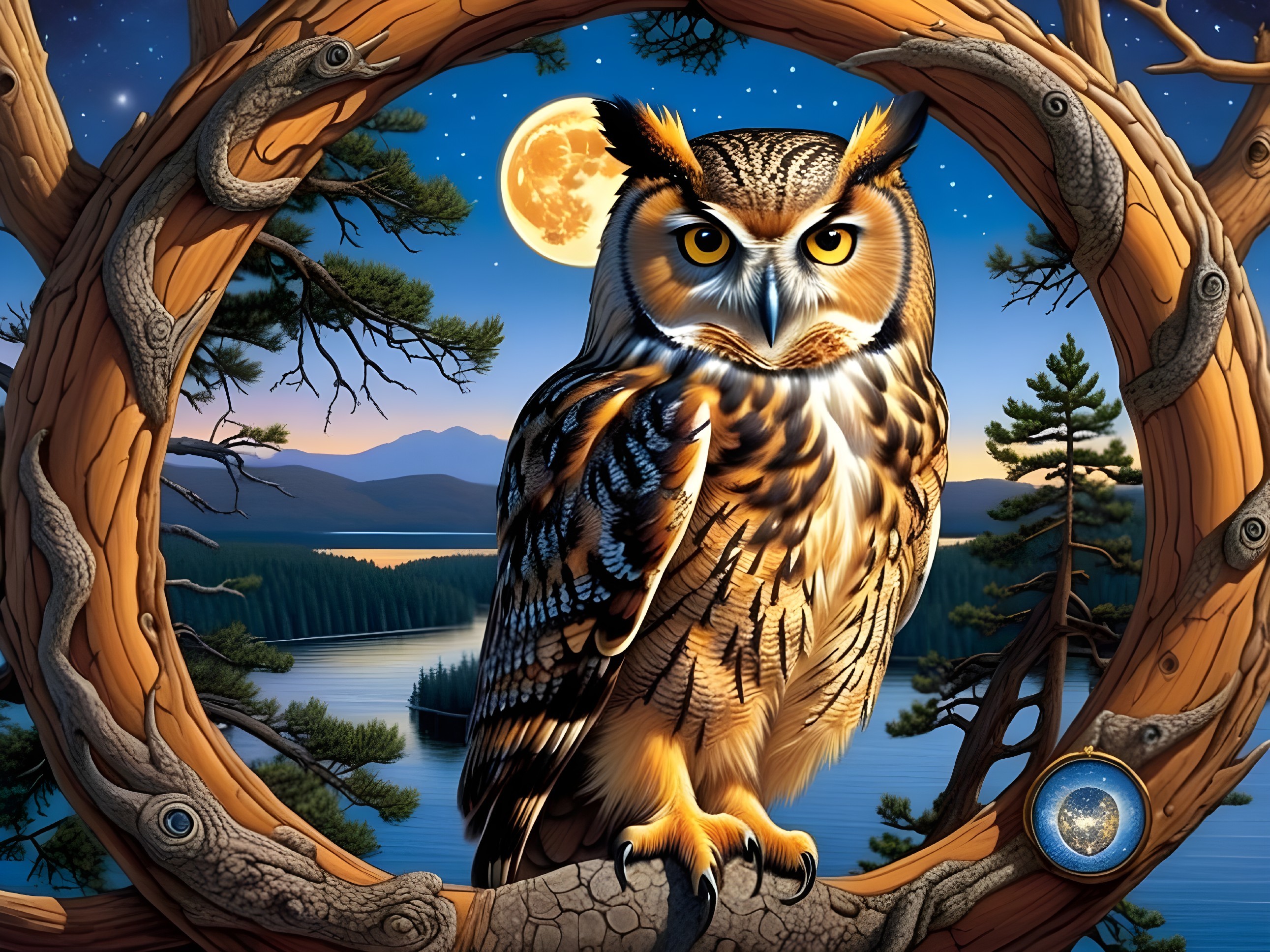 Majestic owl illuminated by full moon over lake