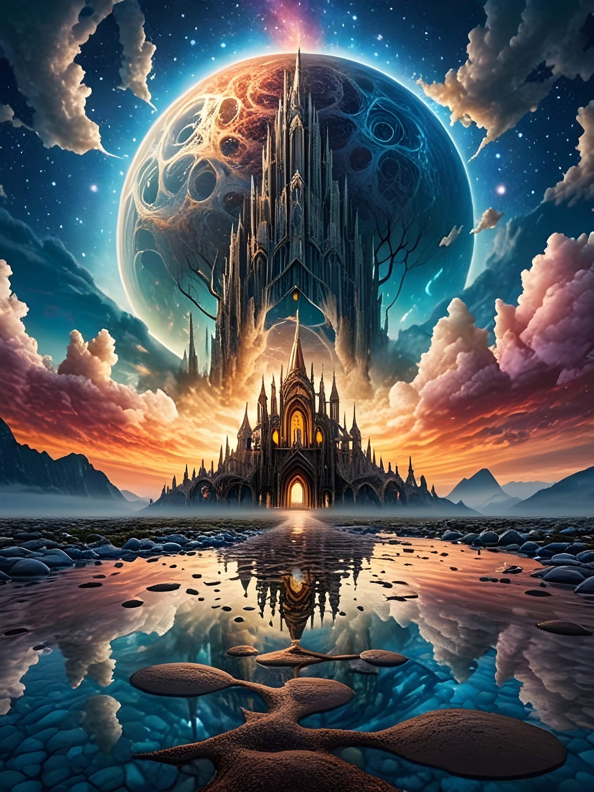 Surreal Landscape with Castle and Vibrant Sunset