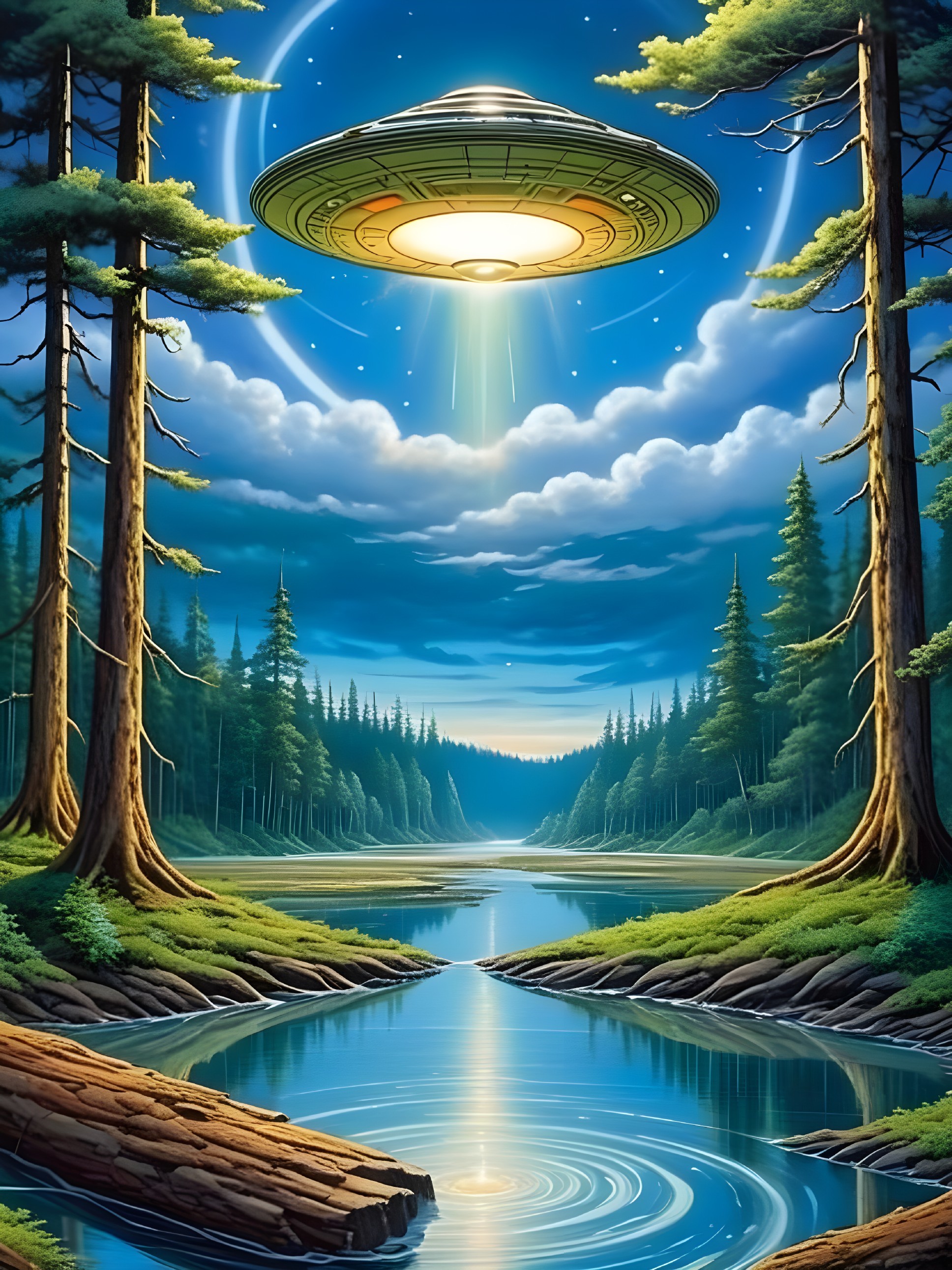 Serene forest with river and hovering UFO at twilight