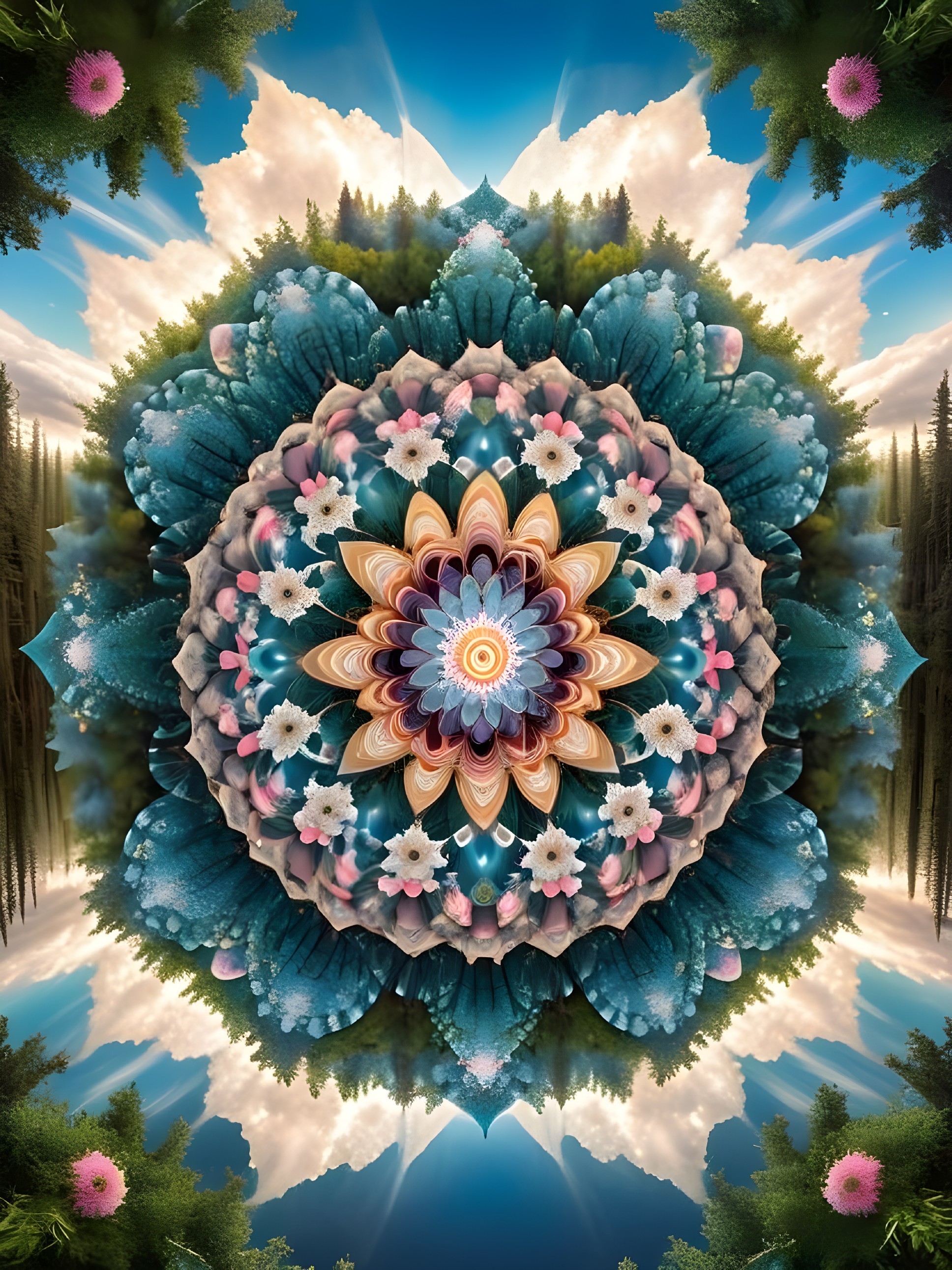 Vibrant Symmetrical Mandala with Floral Motifs