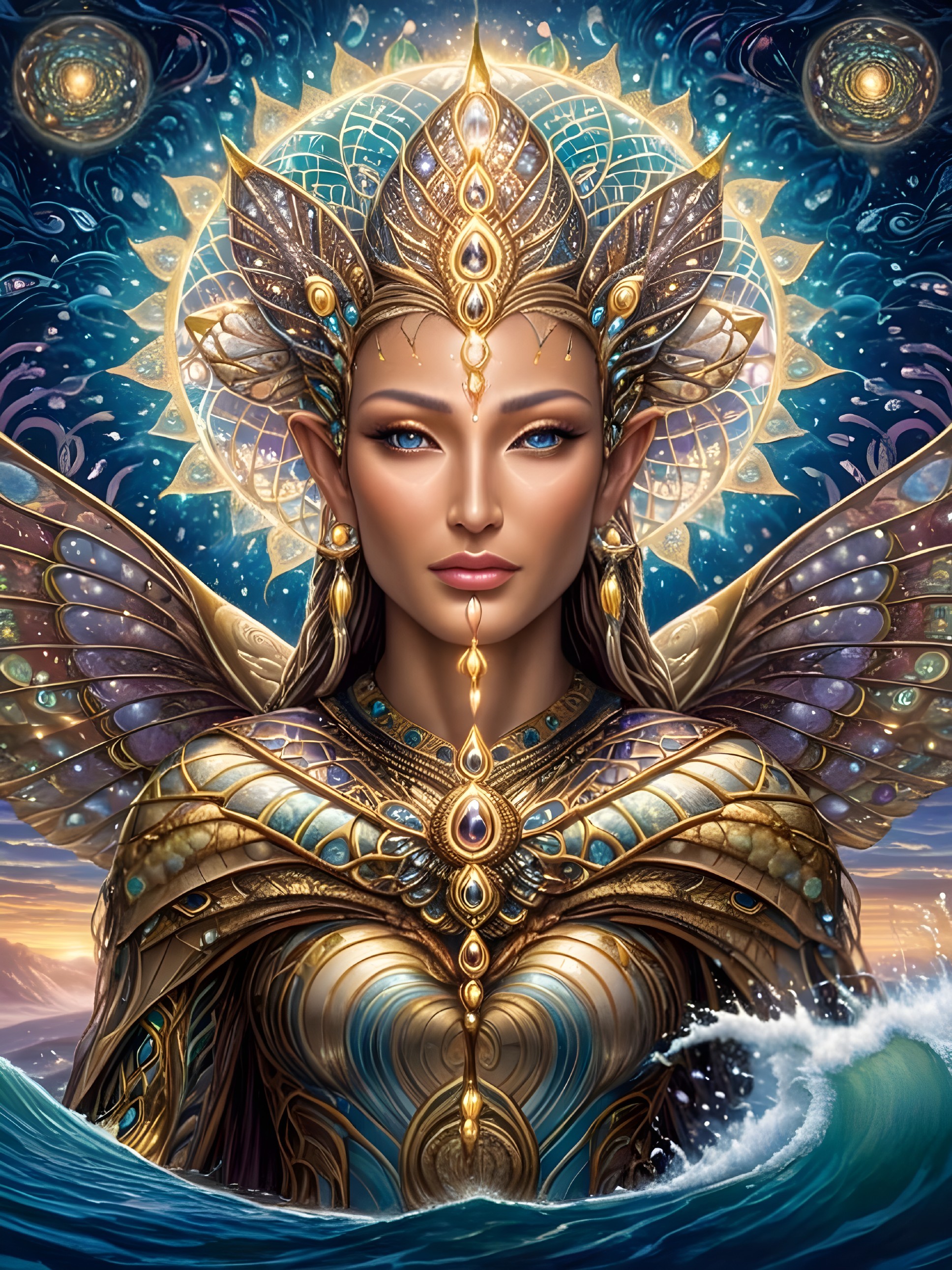 Majestic figure in gold armor with celestial wings