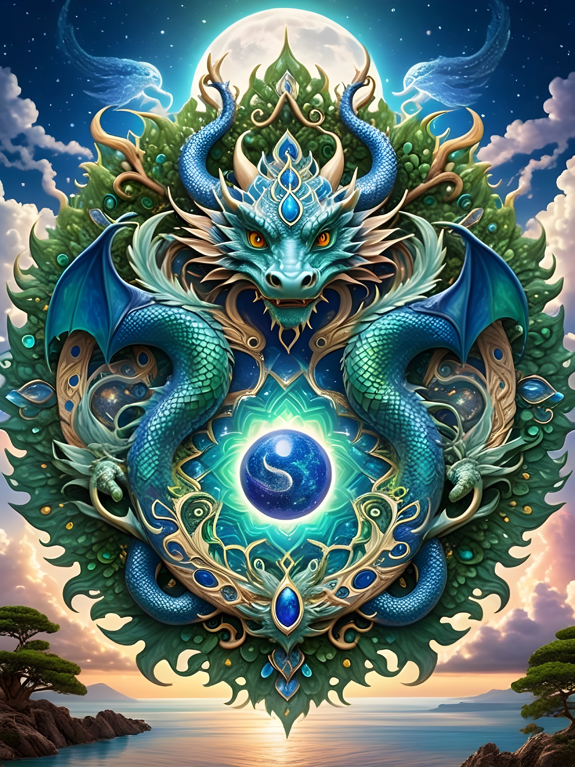 Majestic Dragon with Vibrant Scales and Glowing Orb