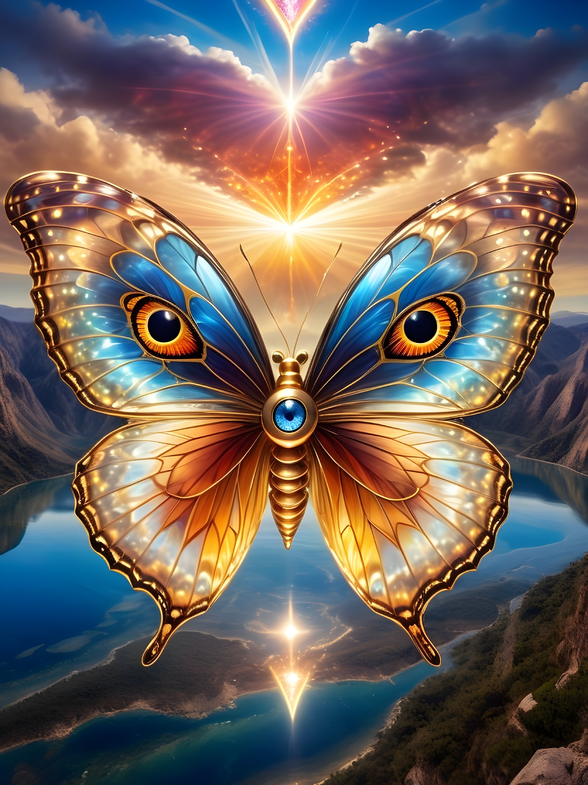 Majestic Butterfly Above Serene Lake at Sunset