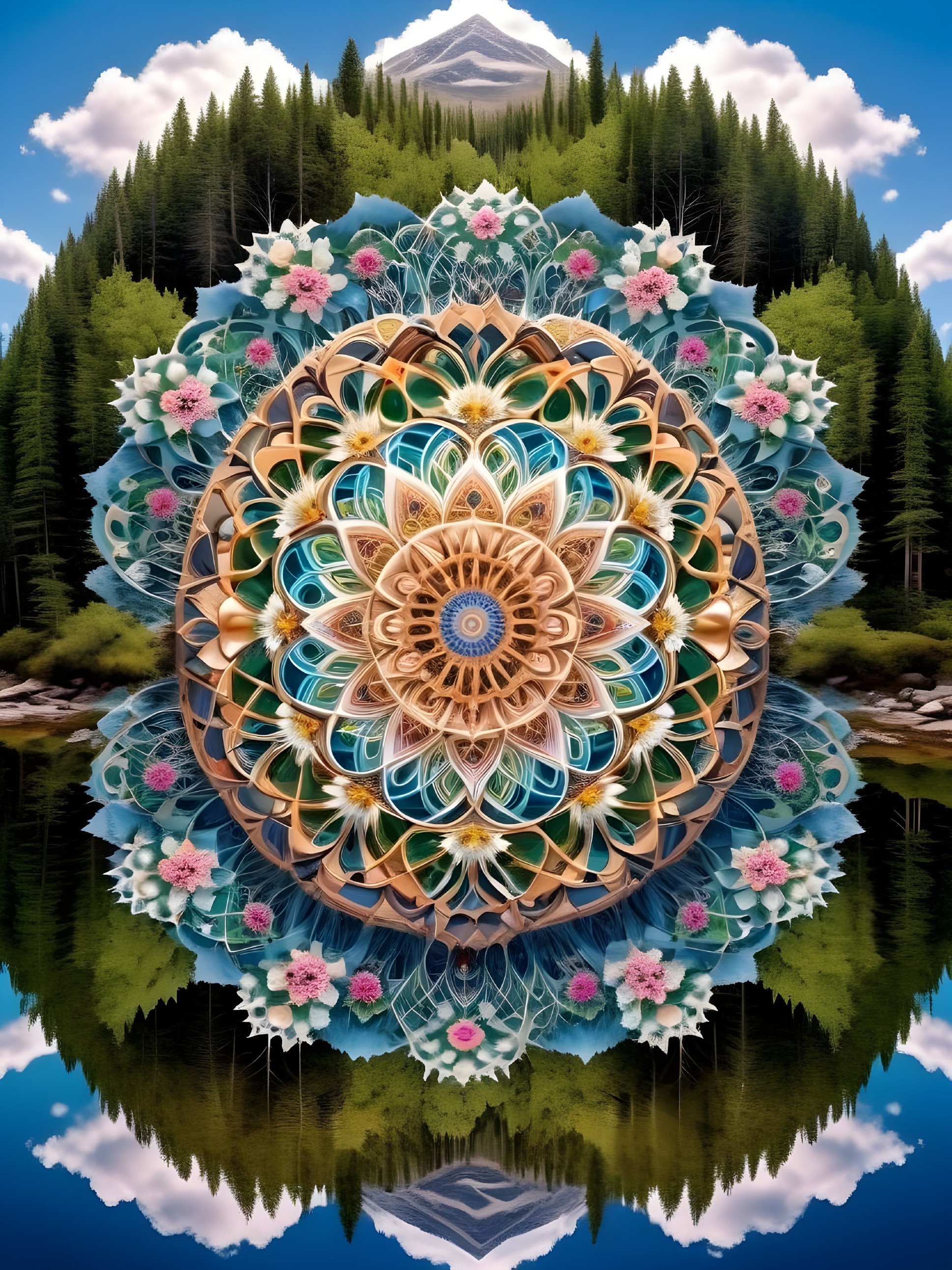 Vibrant Mandala Design Surrounded by Nature Elements