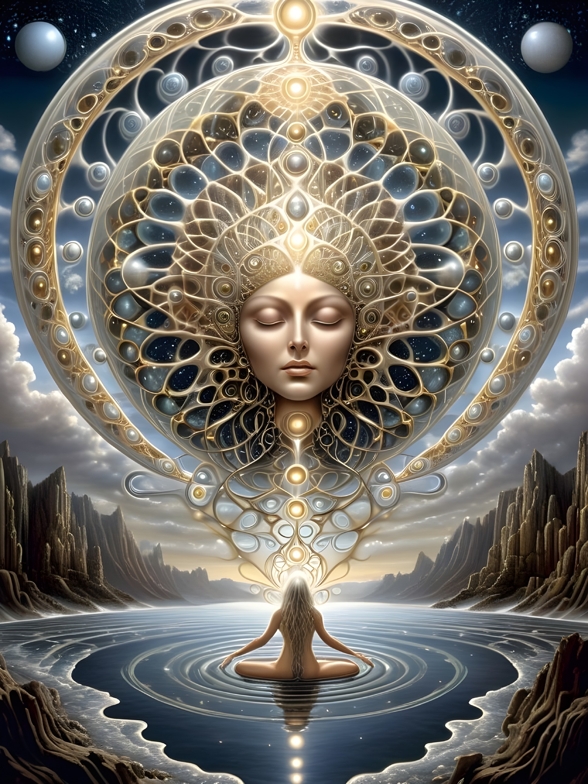 Surreal Meditation Scene with Cosmic Elements and Light