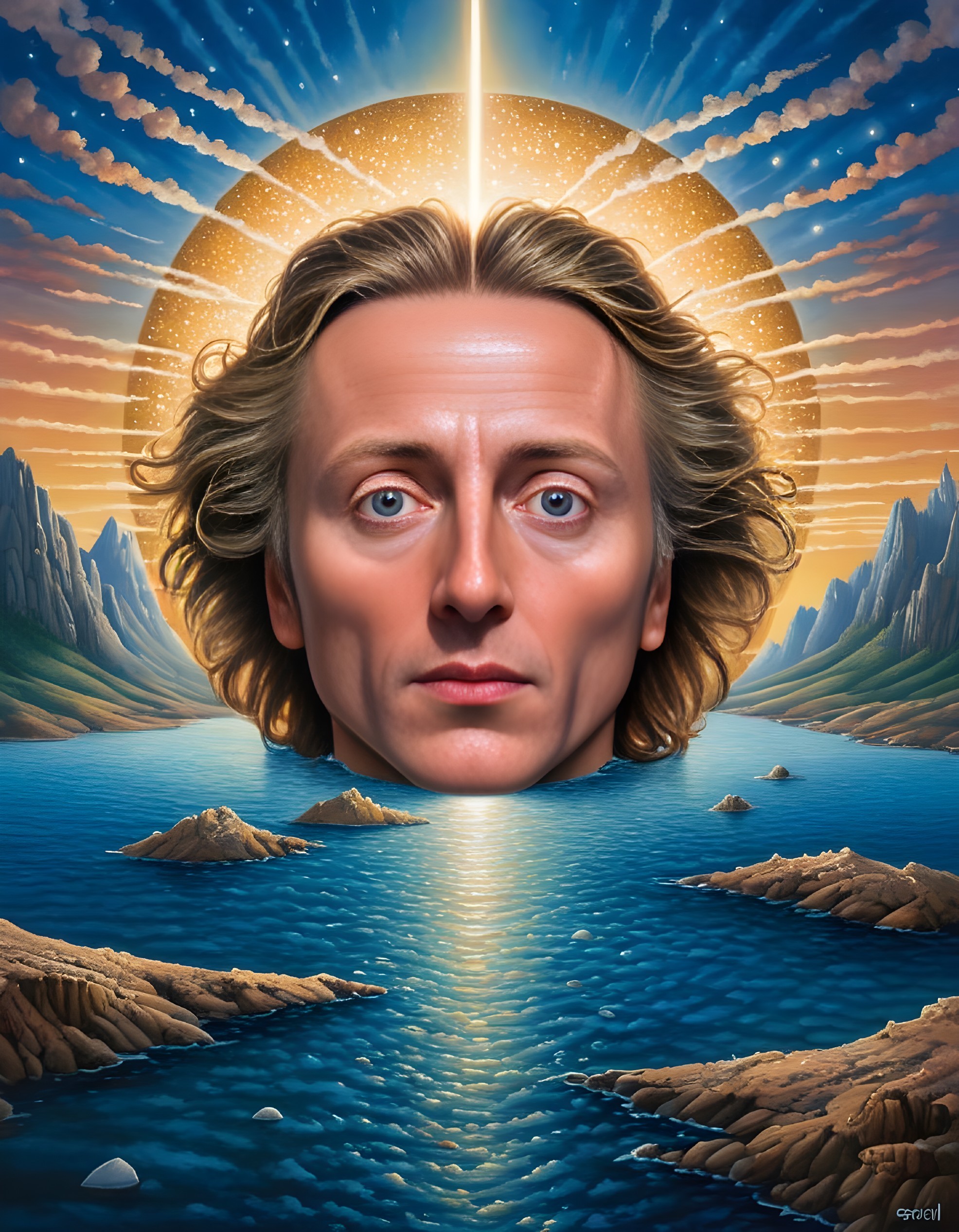 Surreal Landscape with Ethereal Face in Water