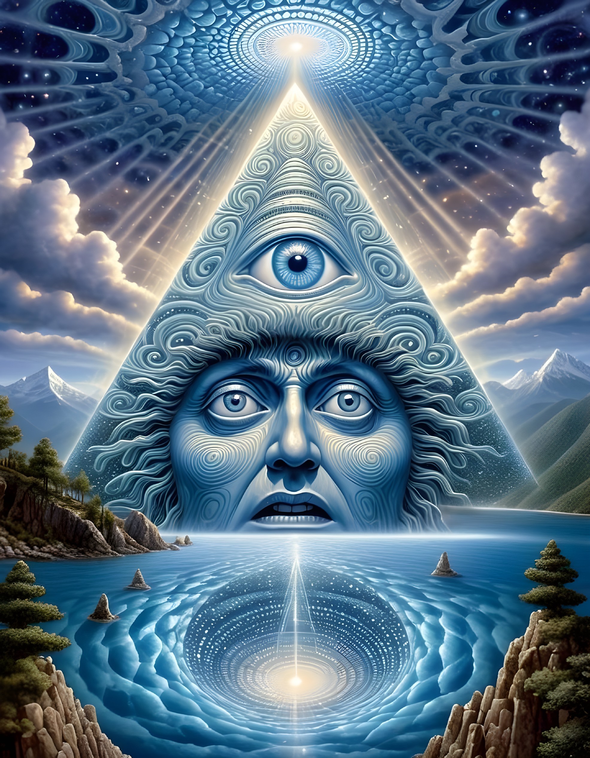 Surreal landscape with mystical pyramid and enigmatic face