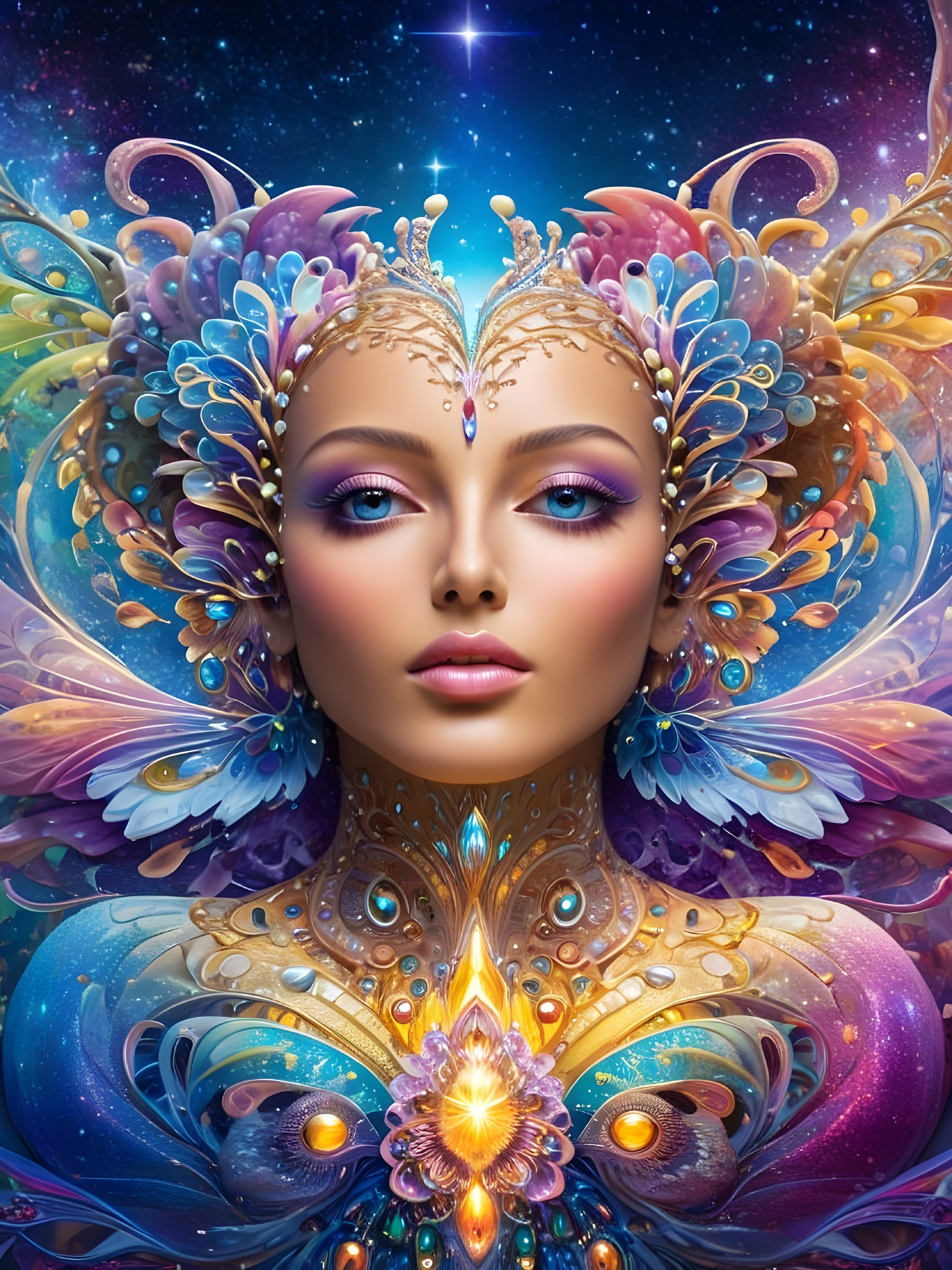 Ethereal figure with vibrant floral patterns and cosmic light