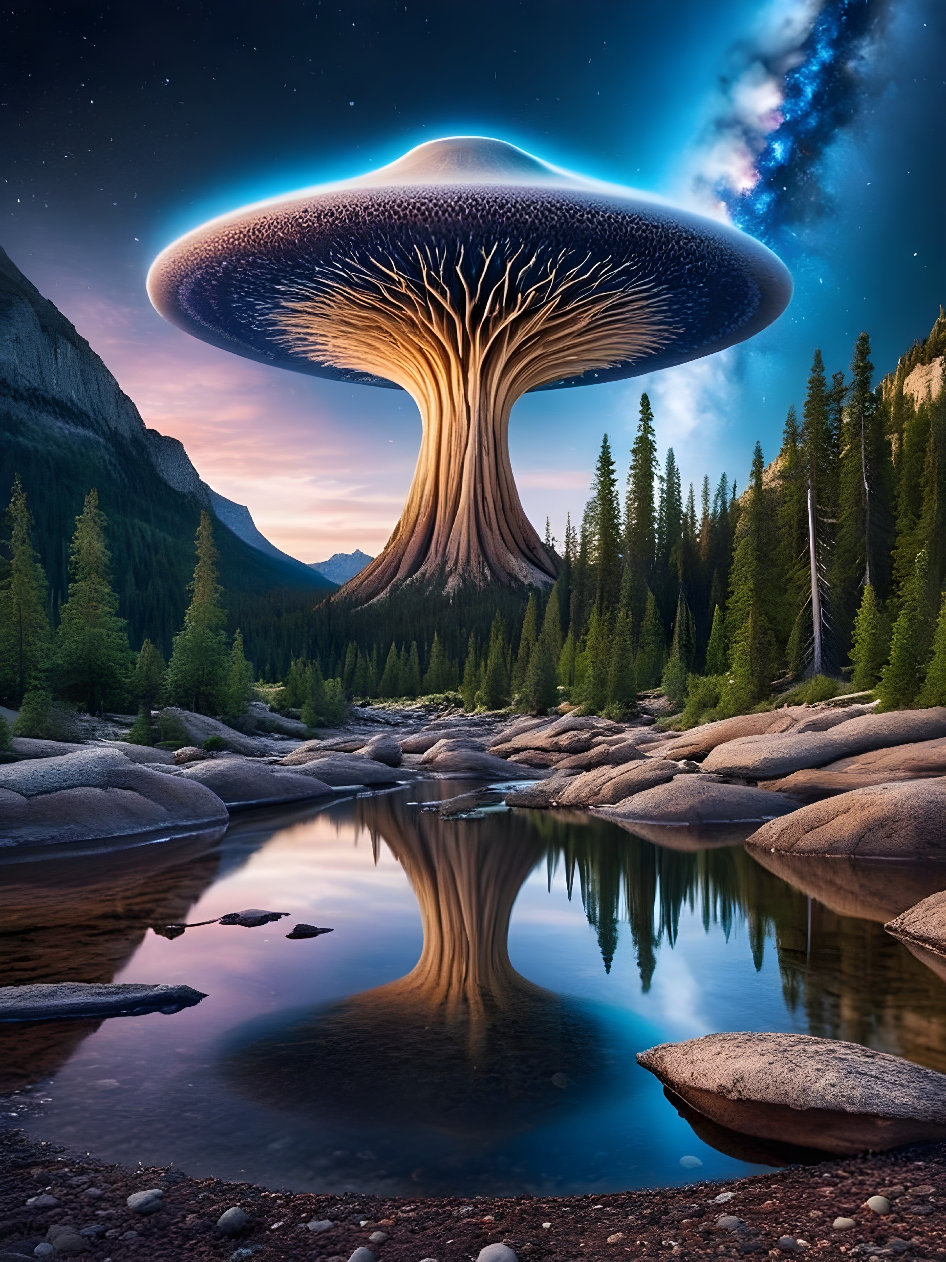 Futuristic Tree with Mushroom Cap in Serene Landscape