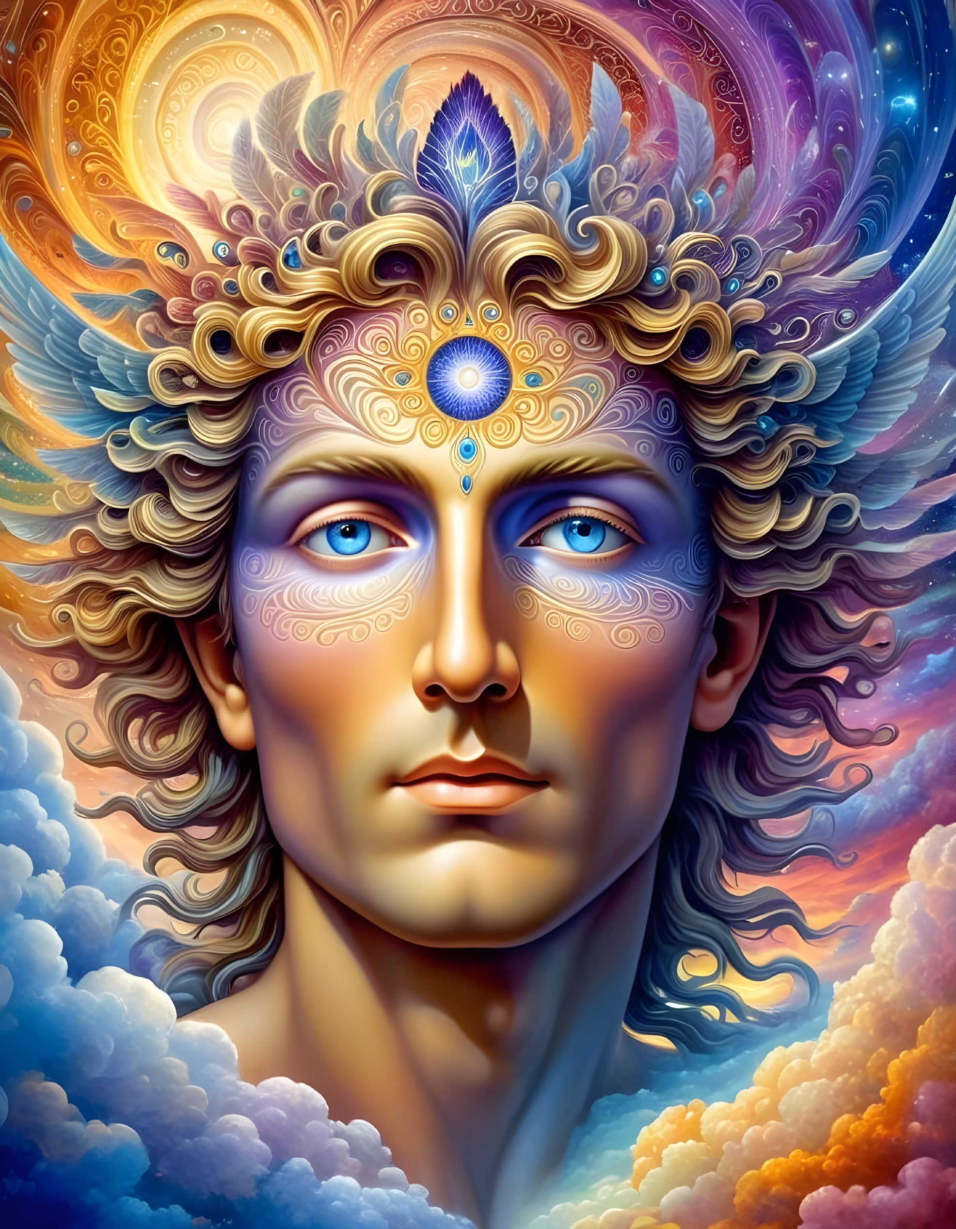 Ethereal Male Figure Surrounded by Colorful Swirls