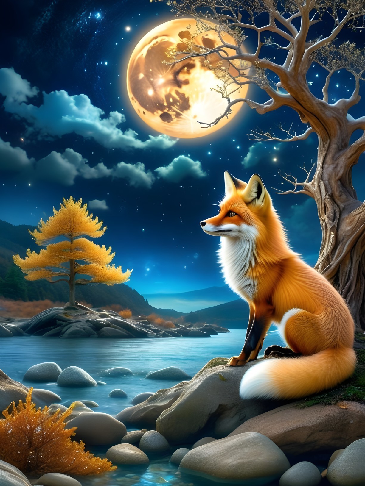 Illustration of a fox by a moonlit lake at night