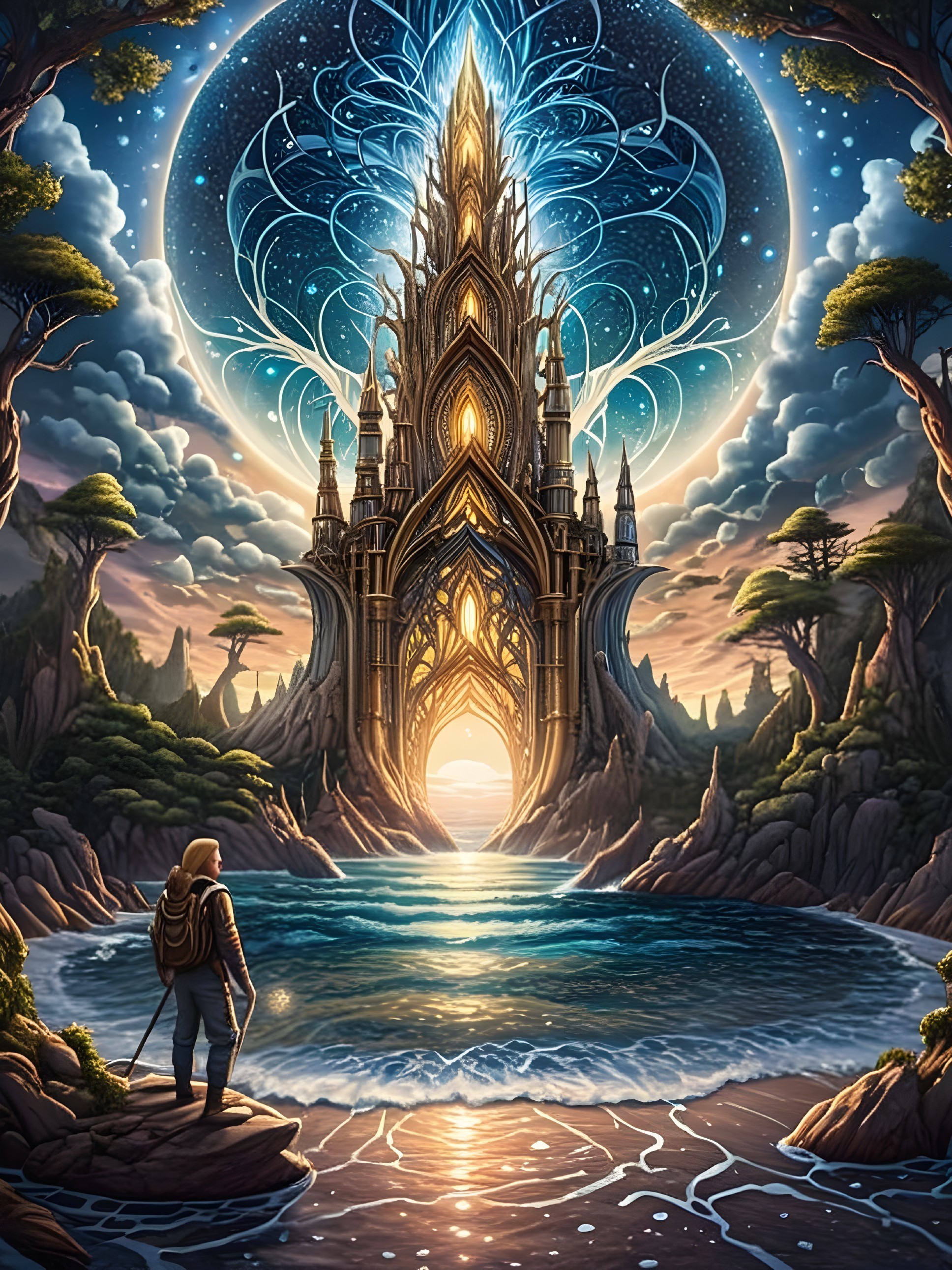Glowing Castle Overlooking Tranquil Ocean Scene