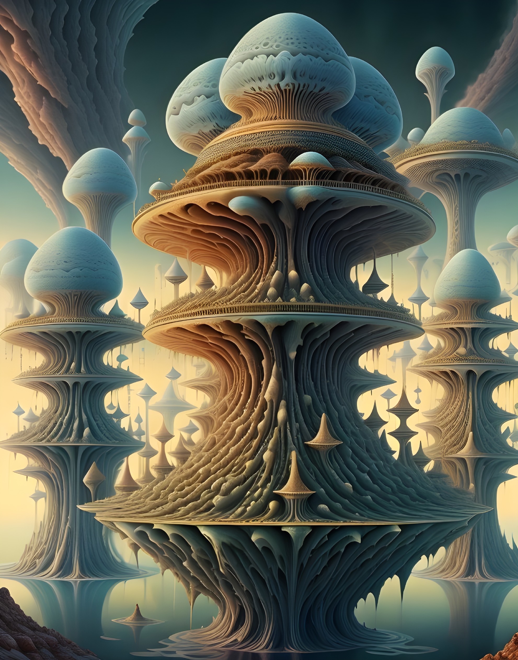 Surreal Landscape with Towering Mushroom-Like Structures