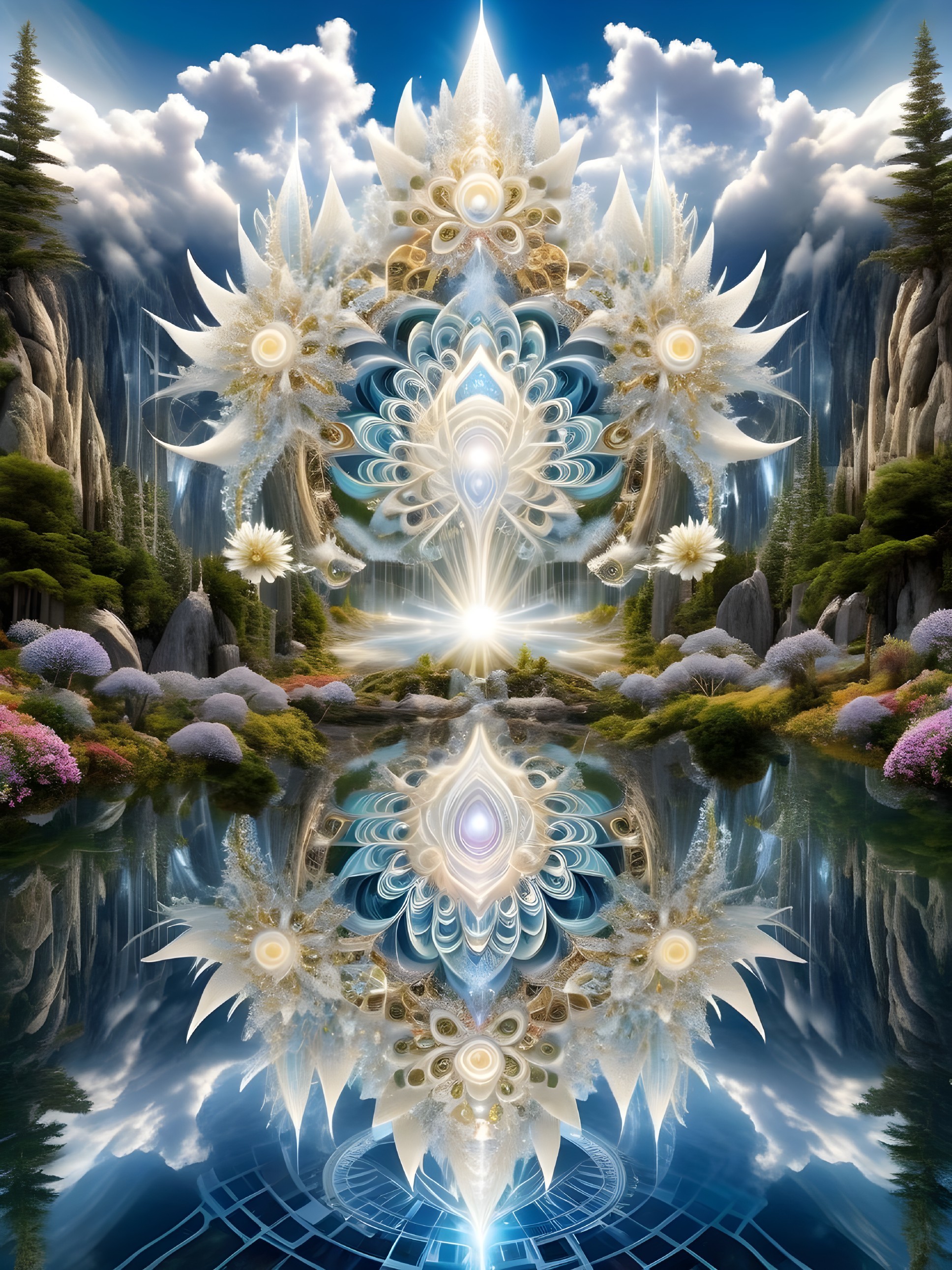 Radiant Fantasy Landscape with Floral Structure and Mountains