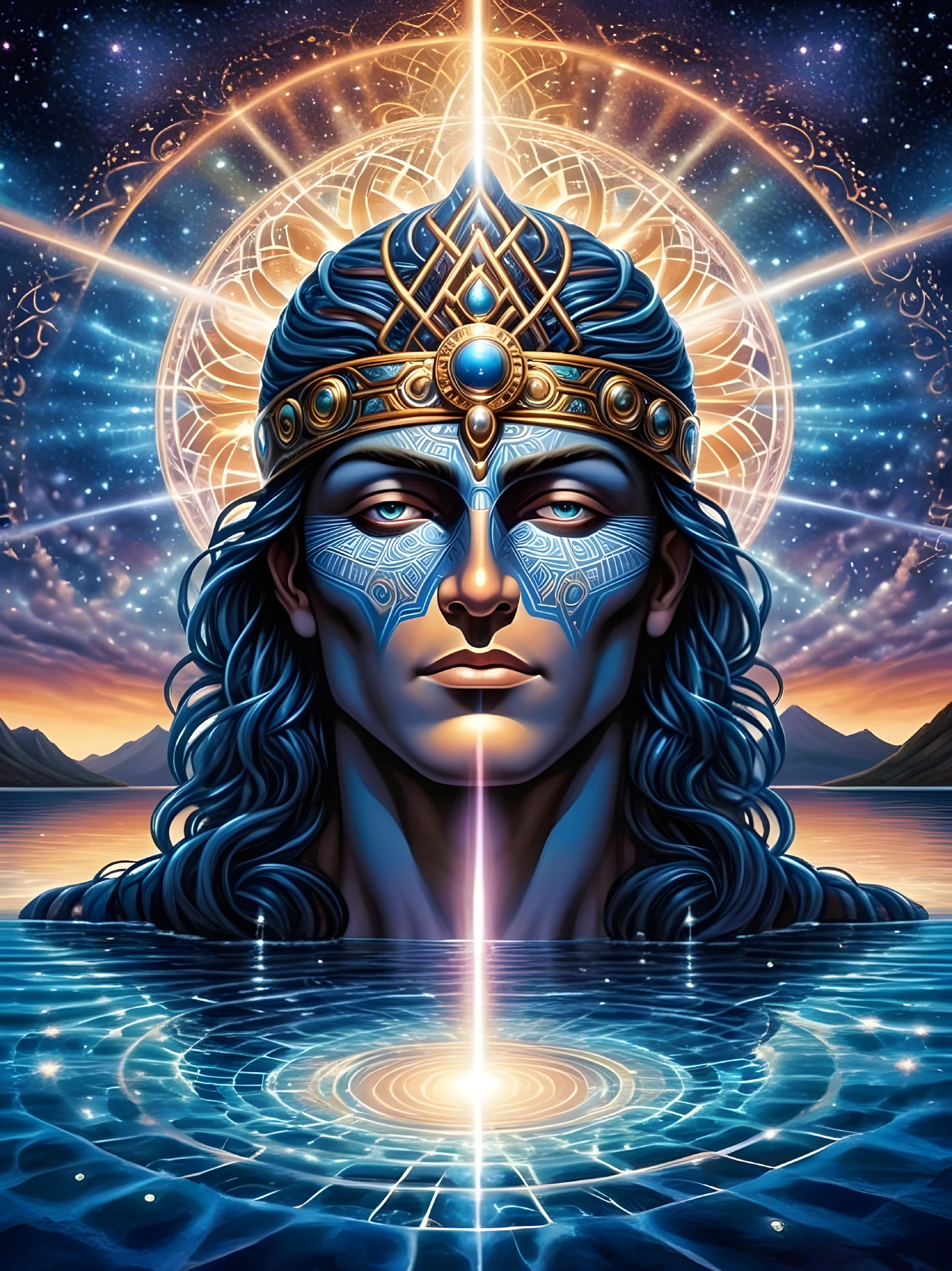 Humanoid Figure Emerging from Water in Cosmic Setting