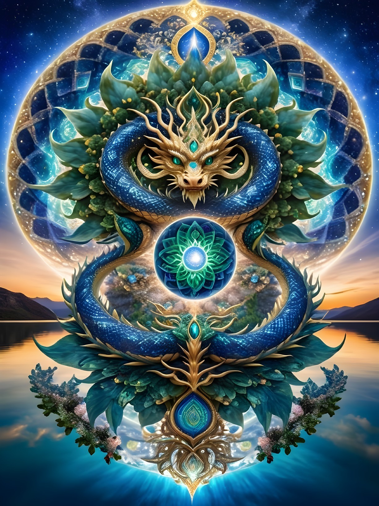 Majestic Blue Dragon in Serene Sunset Landscape