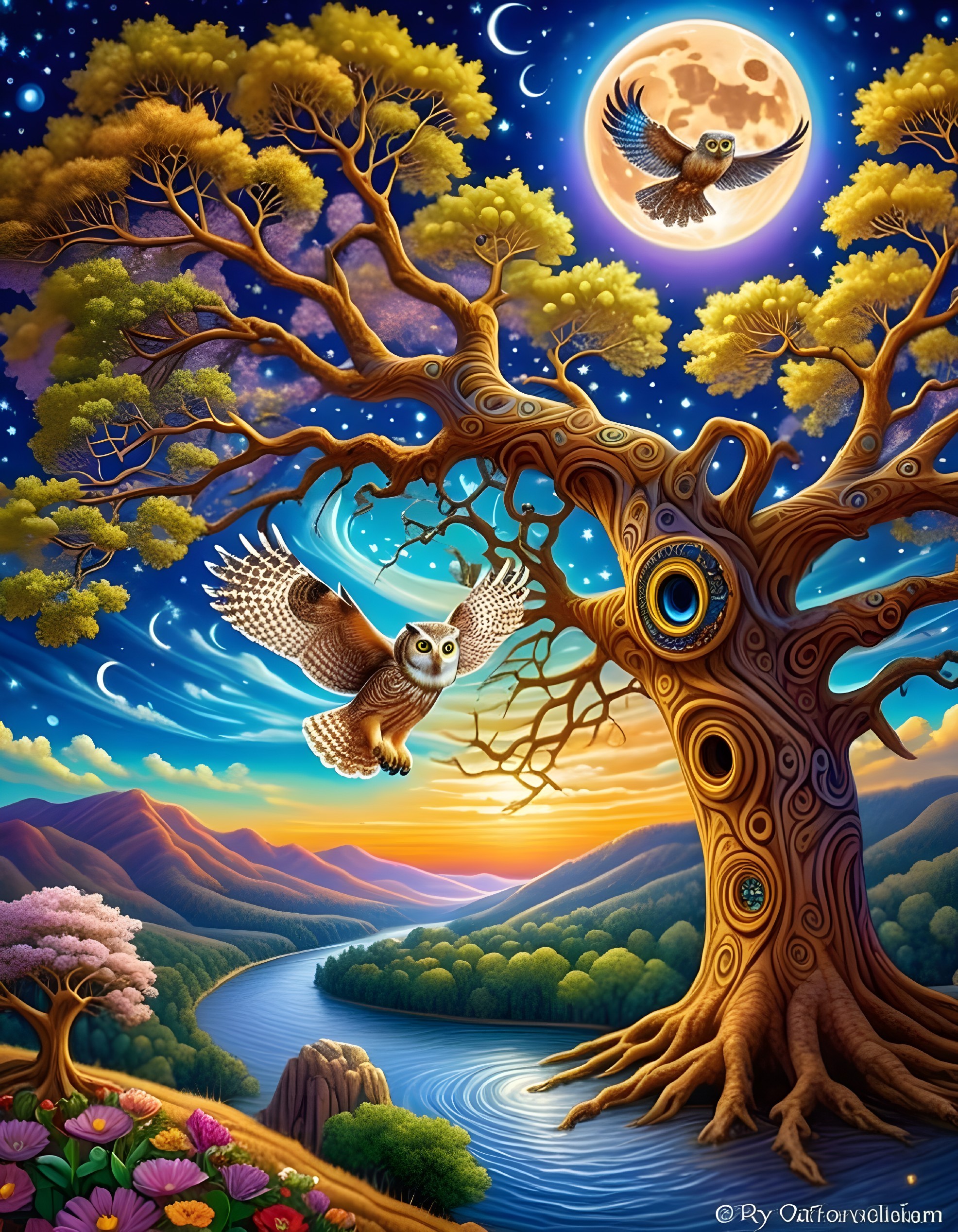 Mystical landscape with a majestic tree and owl
