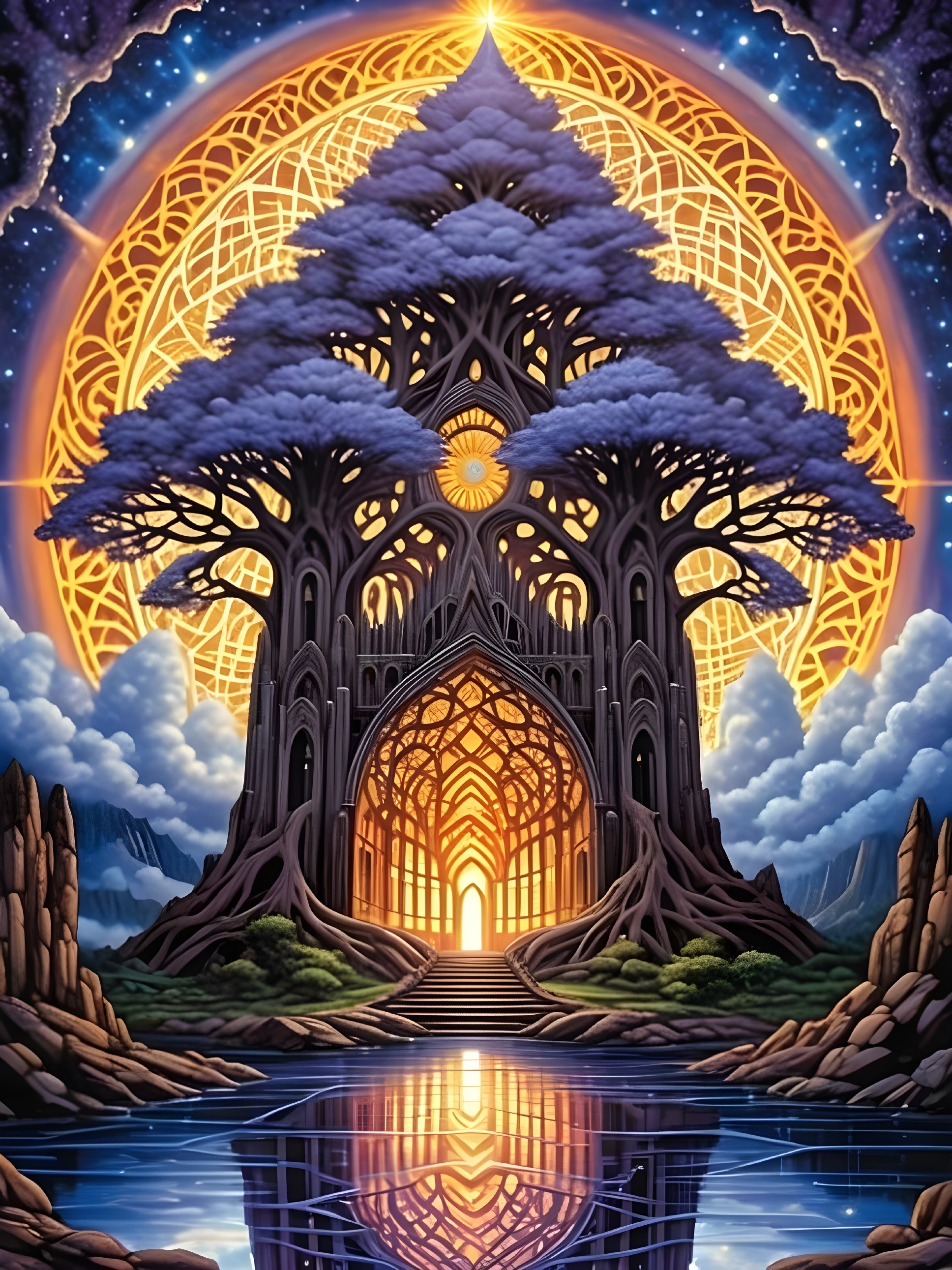 Ancient Tree Overlooking Mystical Landscape and Water