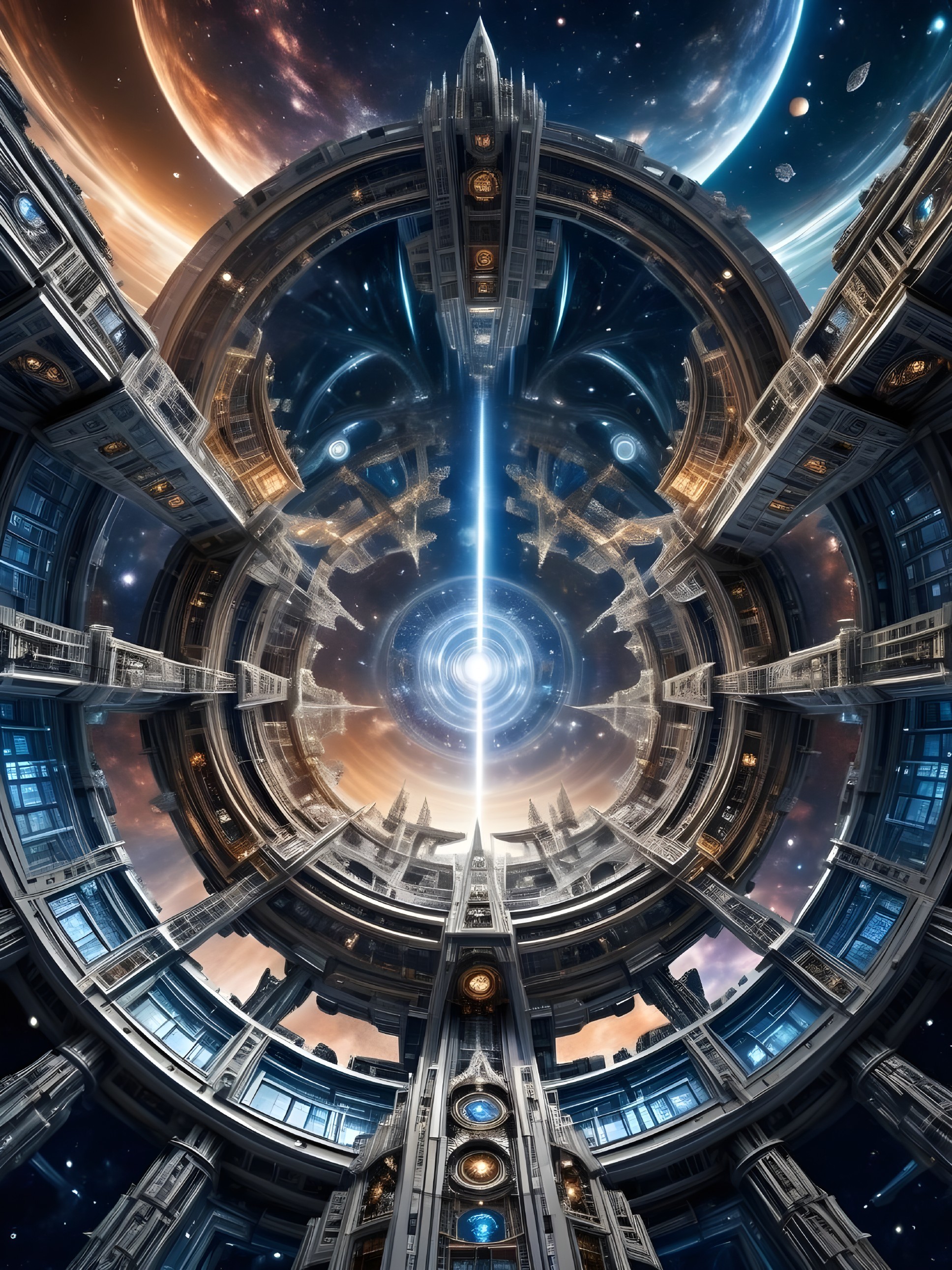 Futuristic Space Station with Energy Beam and Vortex