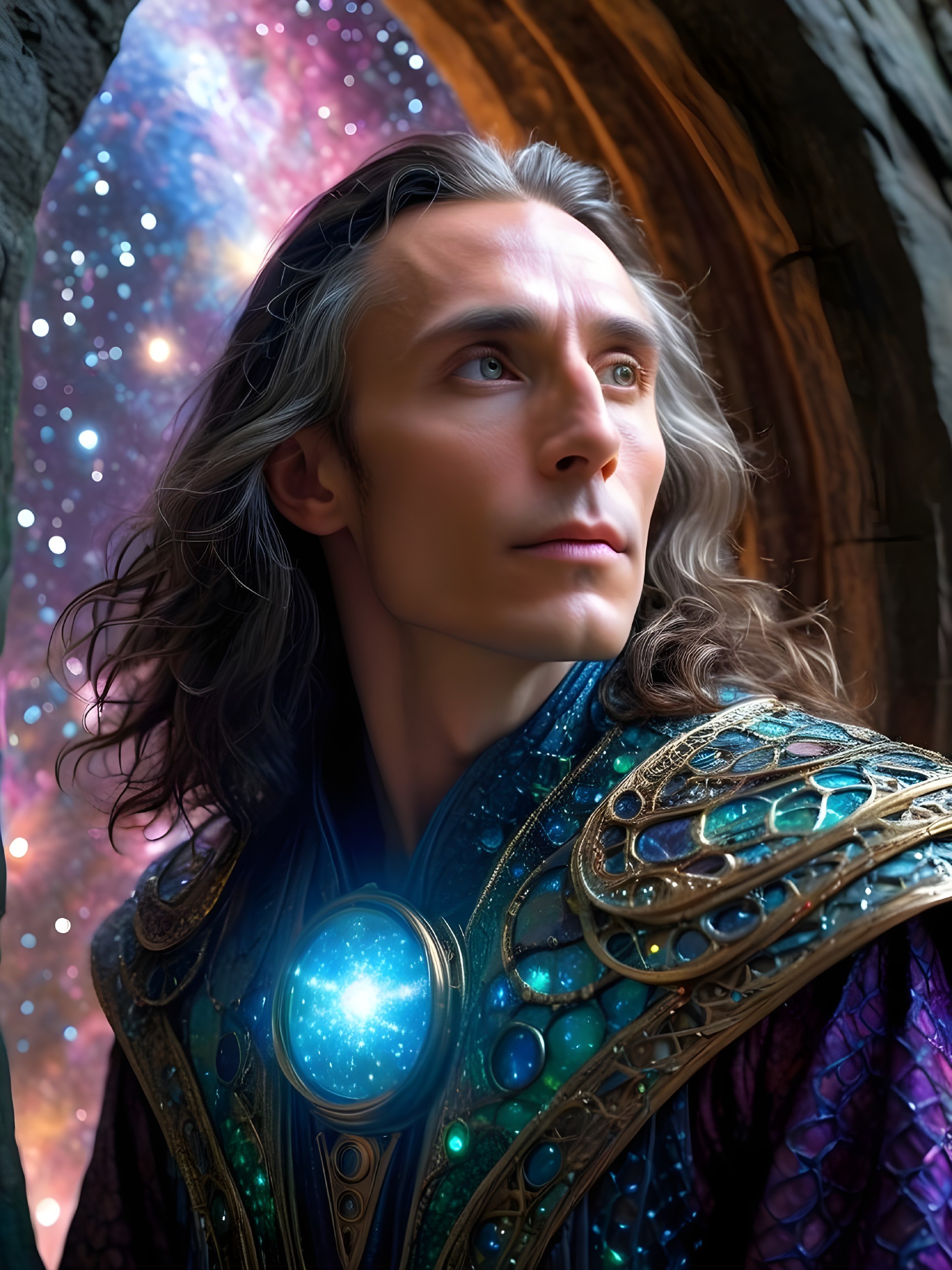 Detailed Description of a Man in Elaborate Costume