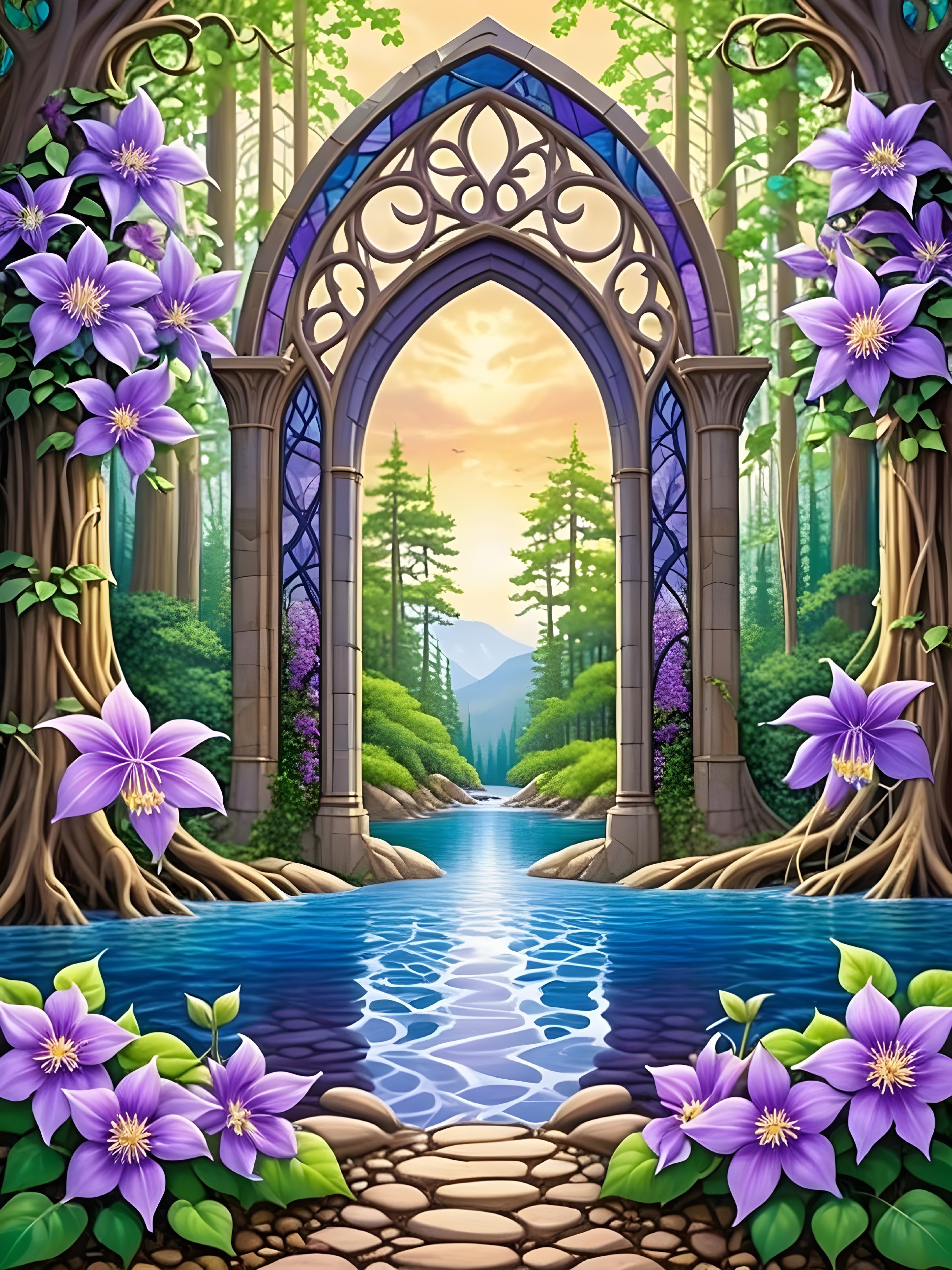 Ornate Stone Archway in Serene Sunset Landscape