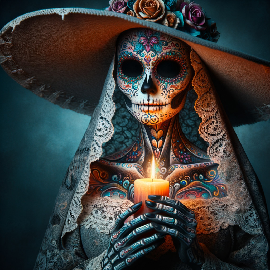Skeleton Woman in Lace Veil with Glowing Candle