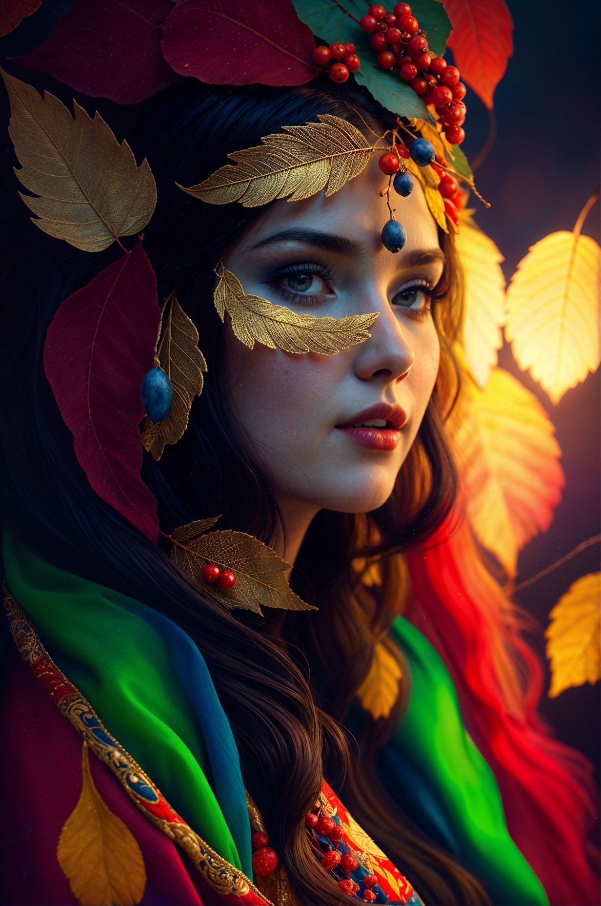 Woman in Autumn Attire with Leaves and Berries
