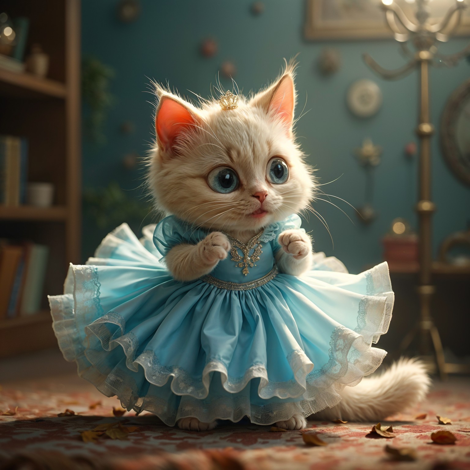 Fluffy White Kitten in Blue Dress and Crown