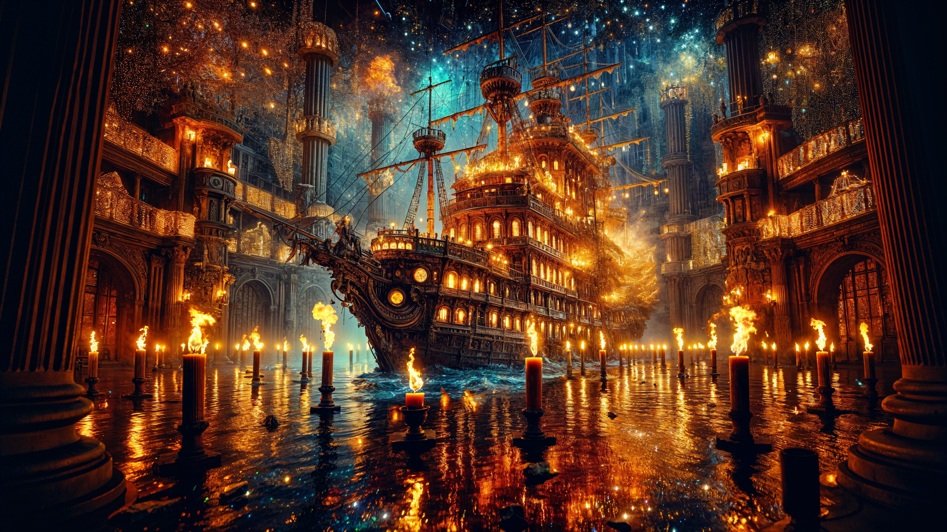 Illuminated Ship on Fiery Sea with Ornate Structures