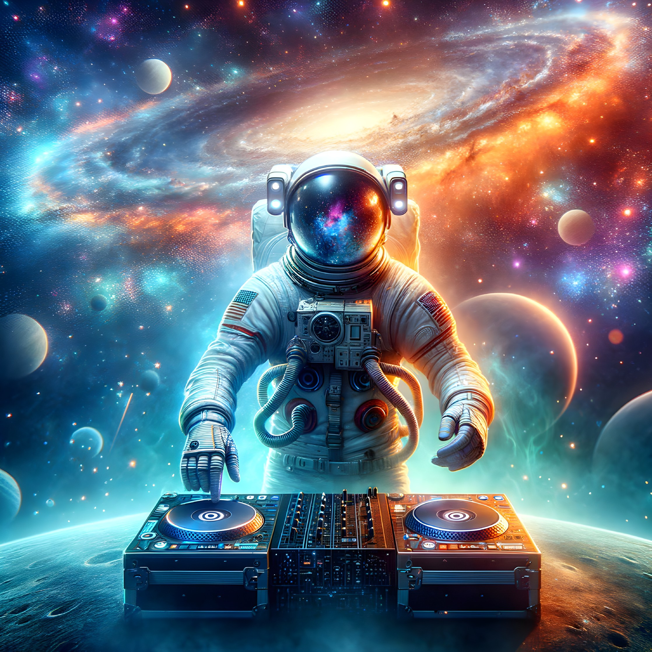Astronaut DJing in a vibrant cosmic galaxy scene