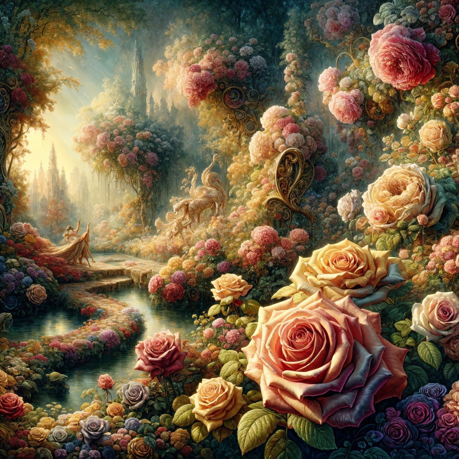 Vibrant Rose Landscape with Ethereal Figures and Creatures