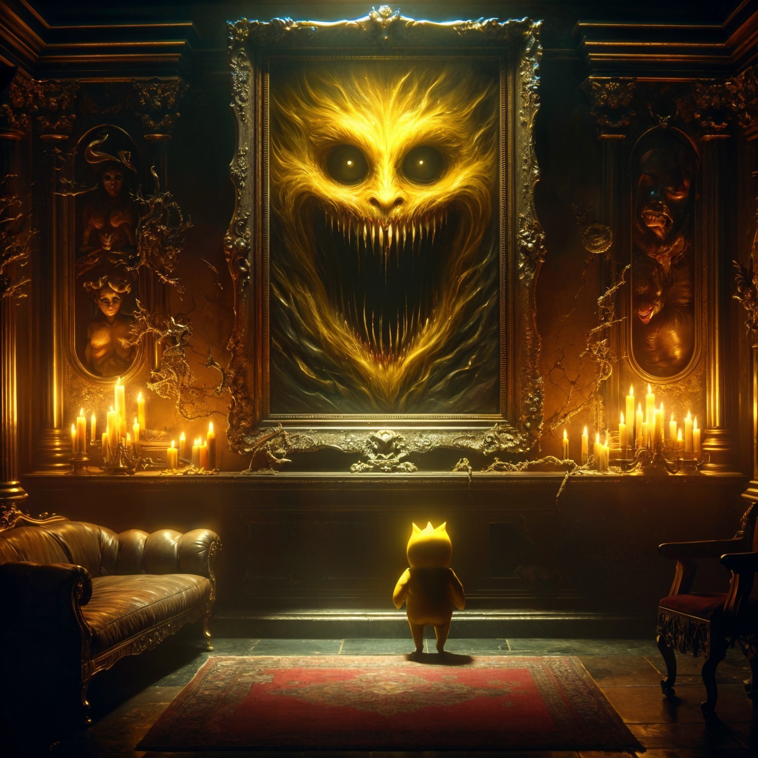 Cartoonish Creature in Ominous Gothic Room with Art