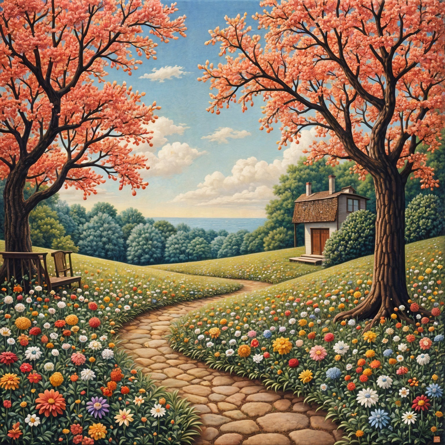 Serene Landscape with Pink Trees and Quaint Cottage