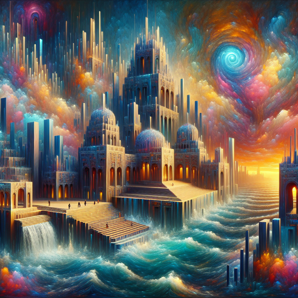 Vibrant Dreamlike Cityscape with Cosmic Sky Elements