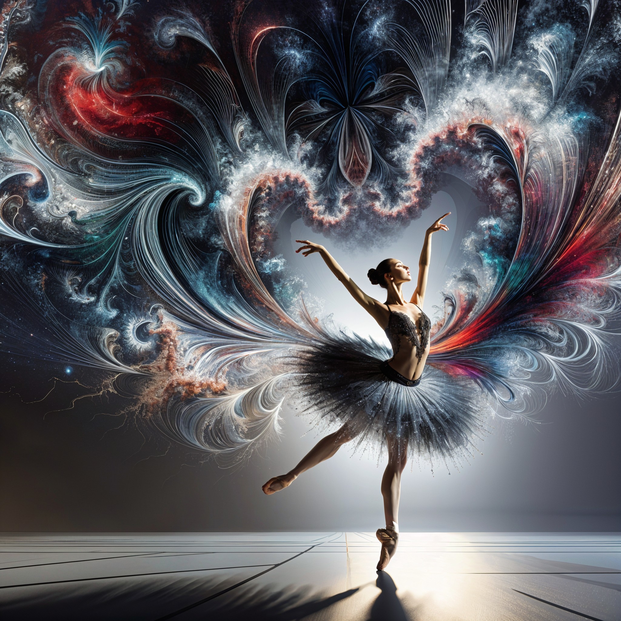 Ballerina in Black Tutu on Reflective Surface with Colors